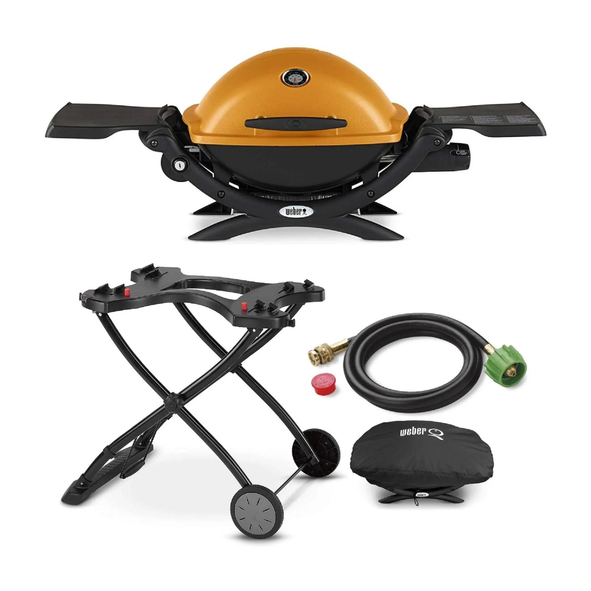 Weber Q1200 Liquid Propane Grill Orange with Portable Cart Hose Bundle