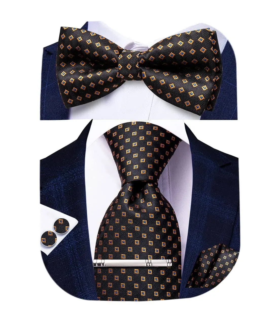 Hi-Tie Men's Ties Set Silk Necktie Bow Tie and Pocket Square Cufflinks Set with ...