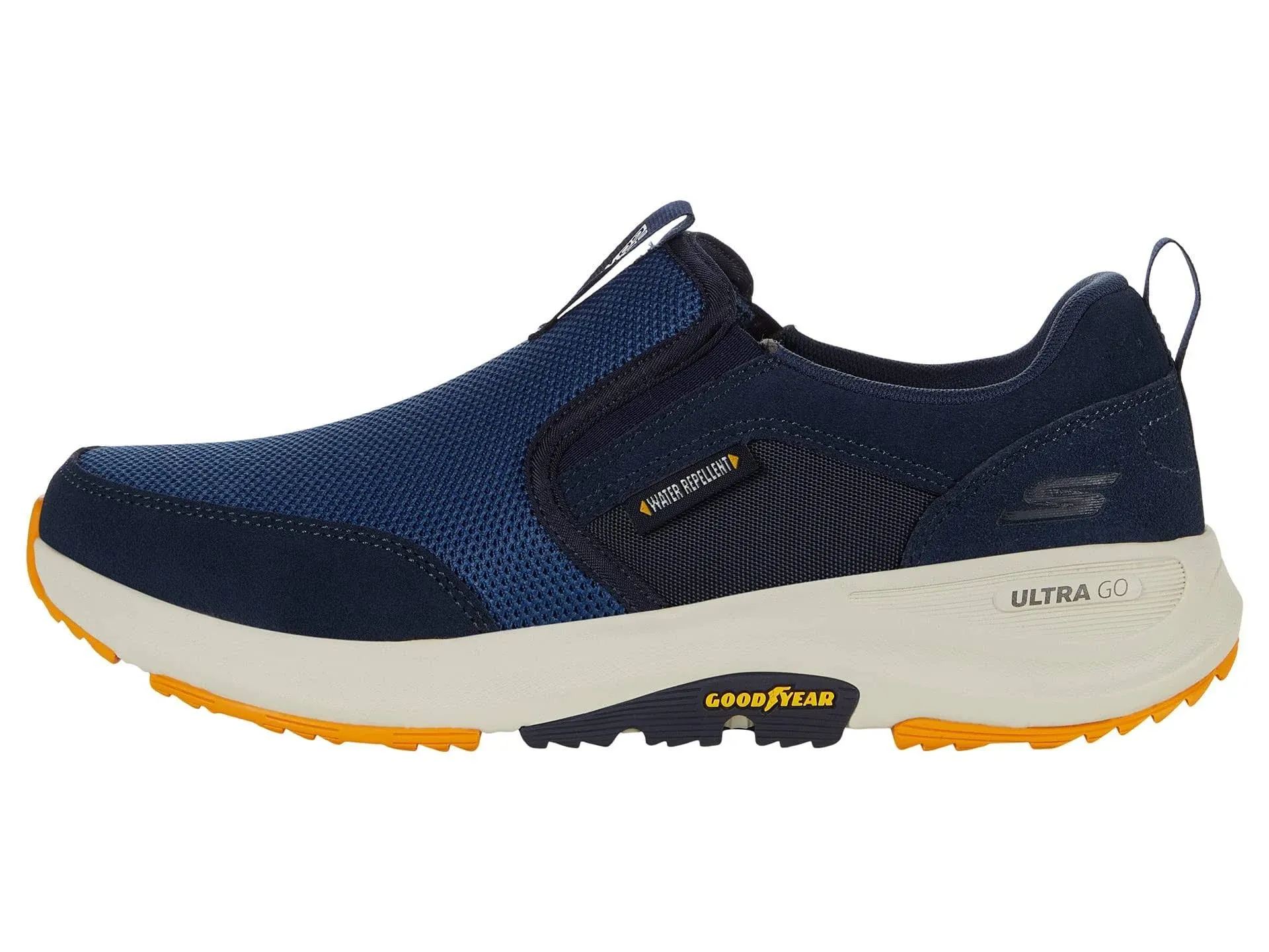 Skechers Men's Go Walk Outdoor-Athletic Slip-On Trail Hiking Shoes with Air Cooled Memory Foam Sneaker, Navy/Yellow, 11 X-Wide