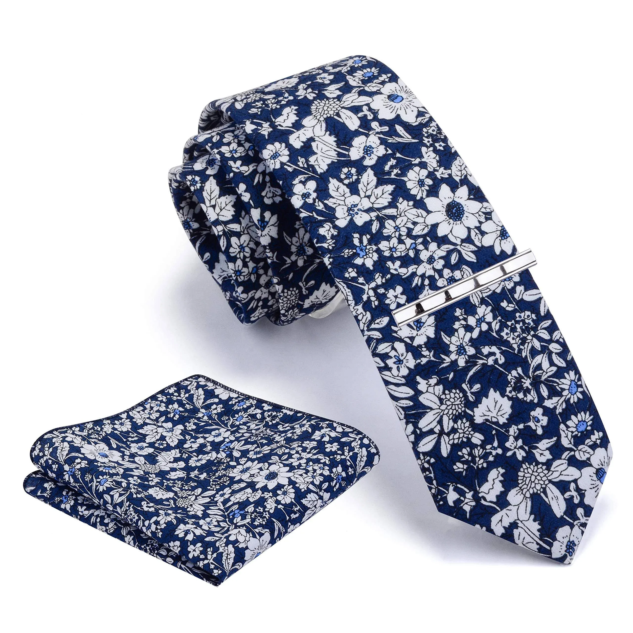 GUSLESON Mens White Floral Tie Skinny Ties for Men Slim Navy Blue Cotton Necktie ...