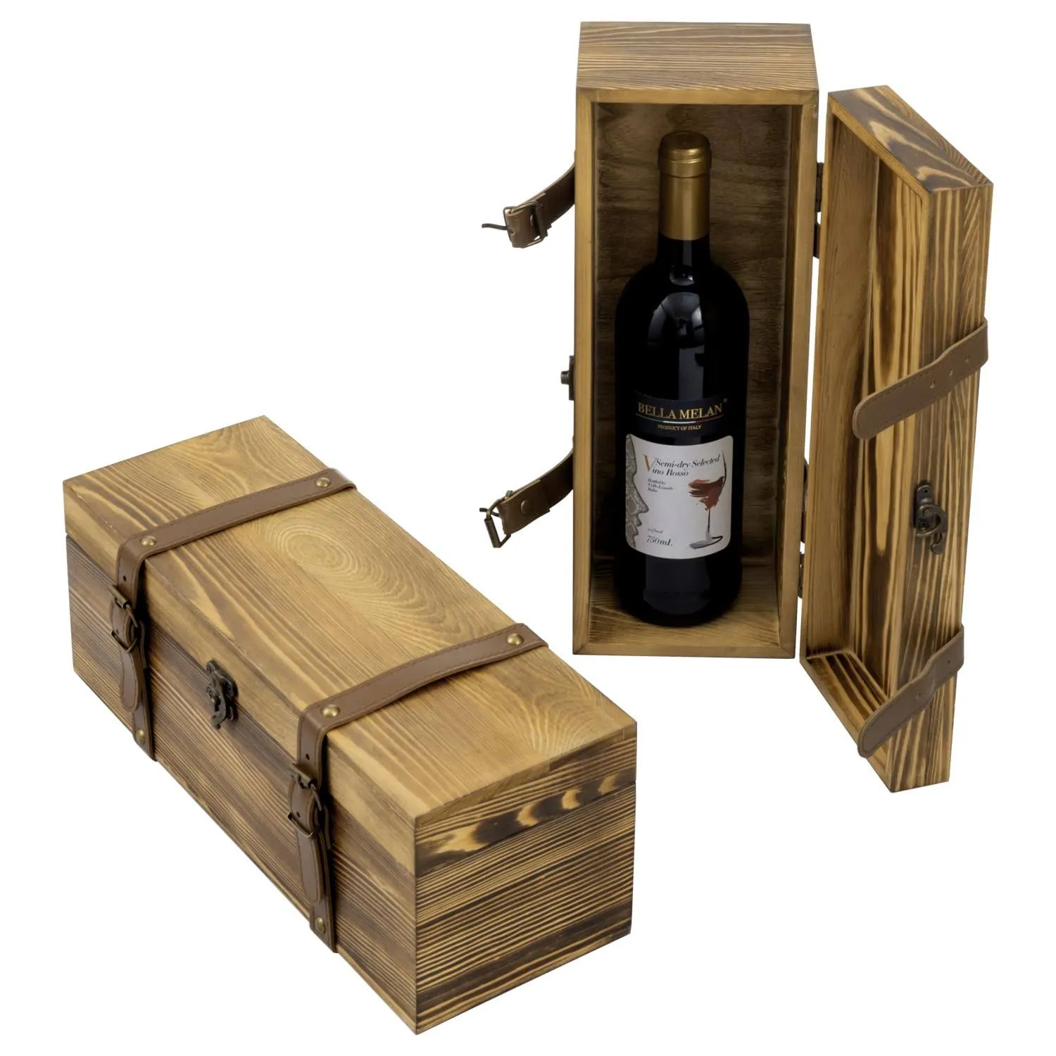 Brown Wood &amp; Metal Wine Gift Box, Decorative Box Single Bottle Holder, Set of 2