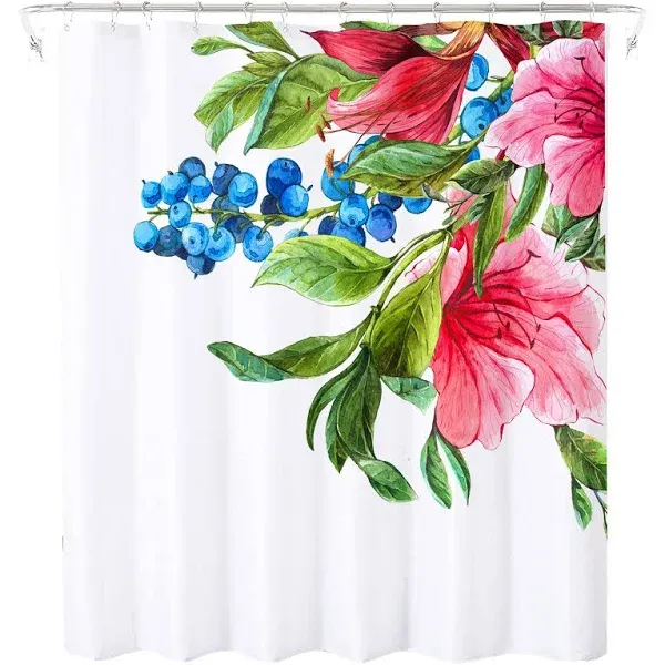 Tropical Flowers Shower Curtain Watercolor Red Flowers And Green Leaves Blue Ber