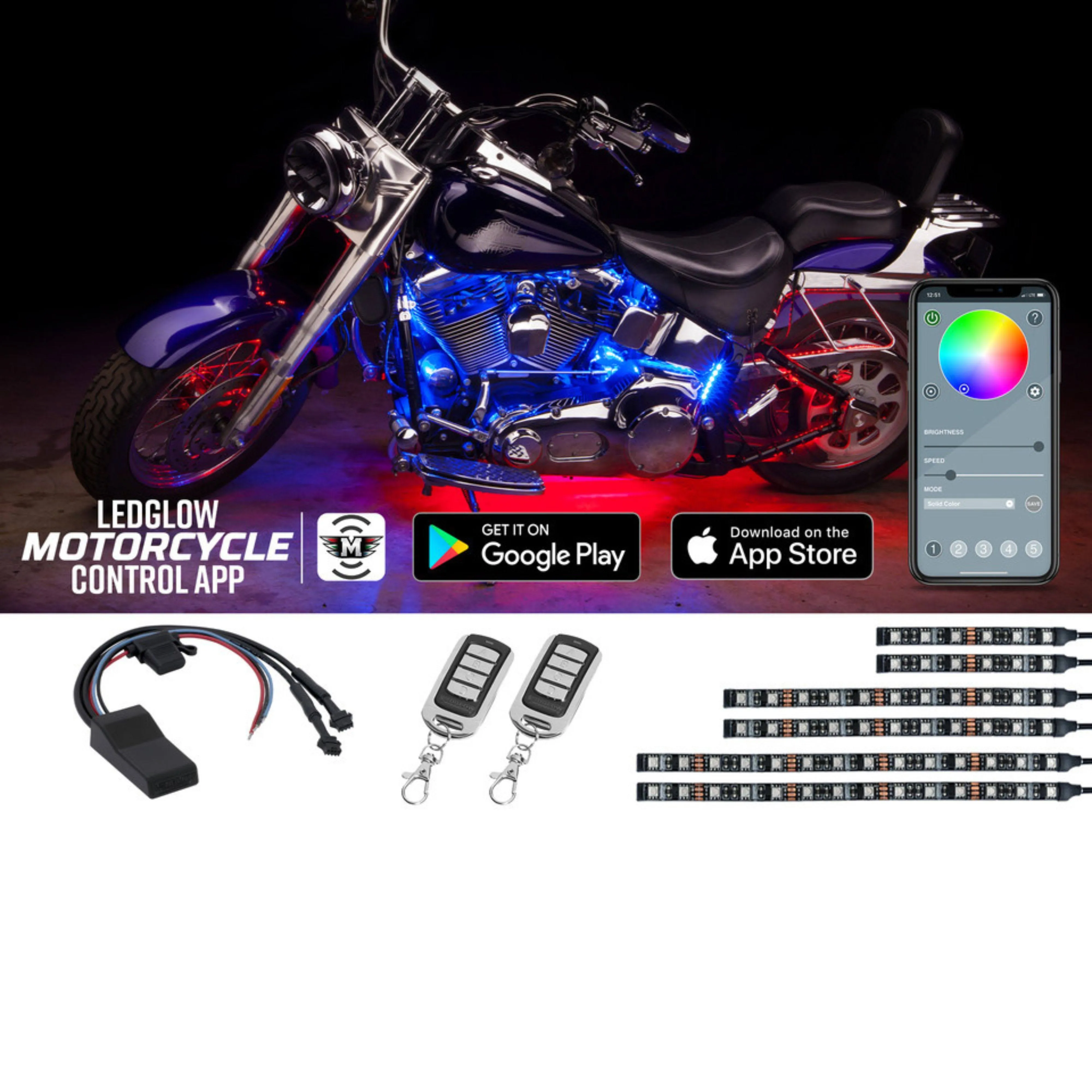 Ledglow Bluetooth Motorcycle Million Color LED Accent Light Kit Smartphone App Control