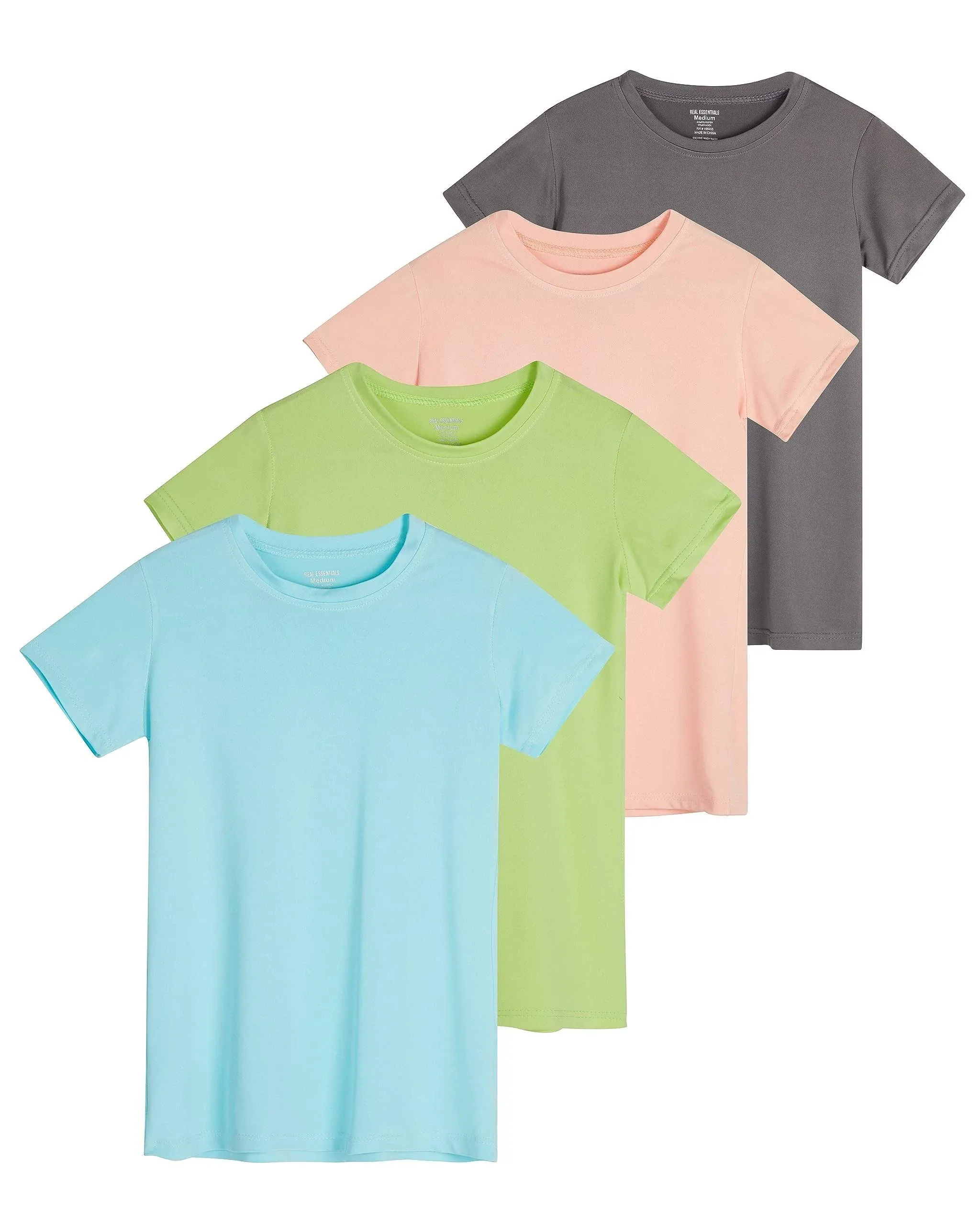 Real Essentials 4 Pack: Girls Short Sleeve Dry-Fit Crew Neck Active Athletic Performance T-Shirt