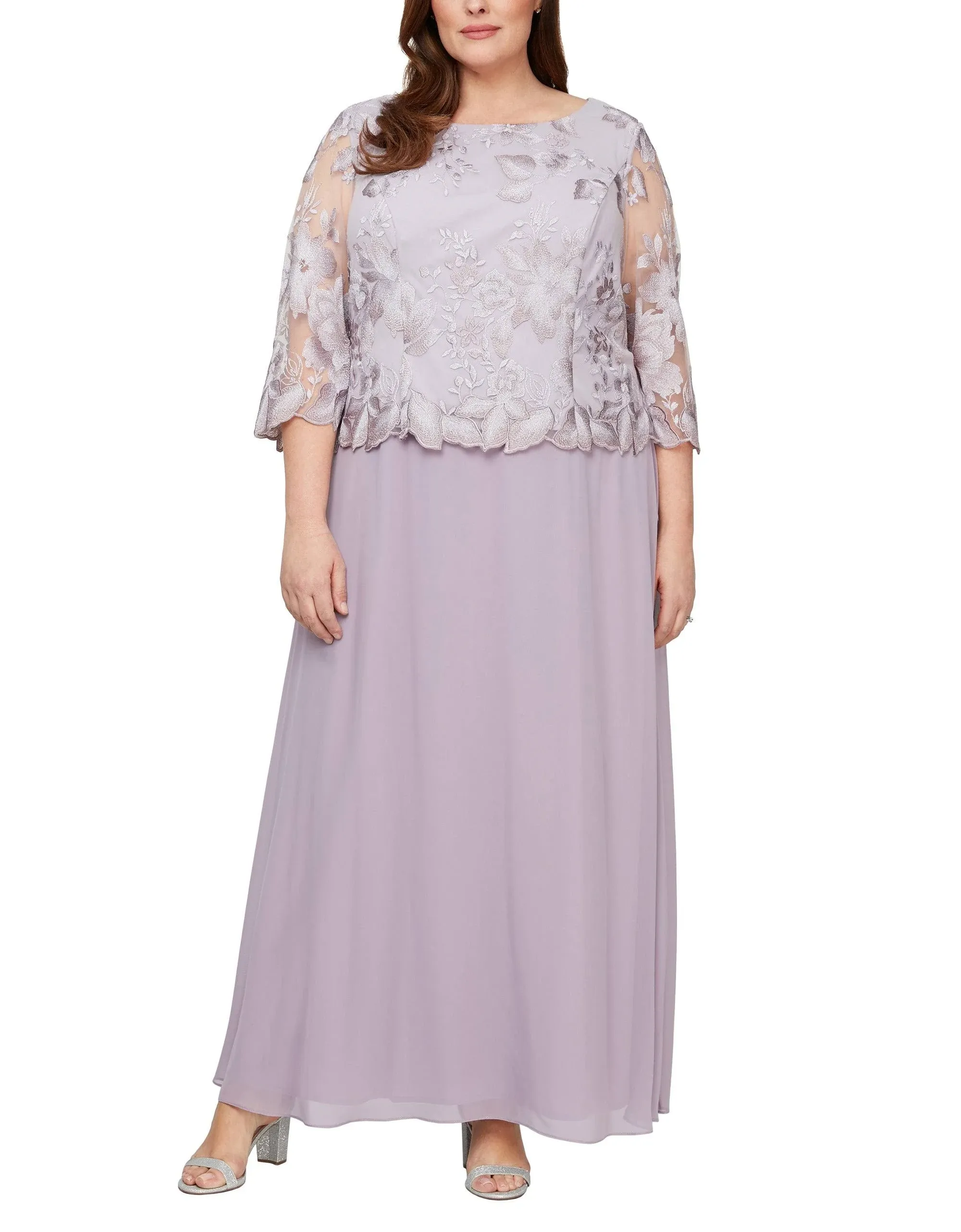 Alex Evenings Floral Embroidered Overlay Gown in Smokey Orchid