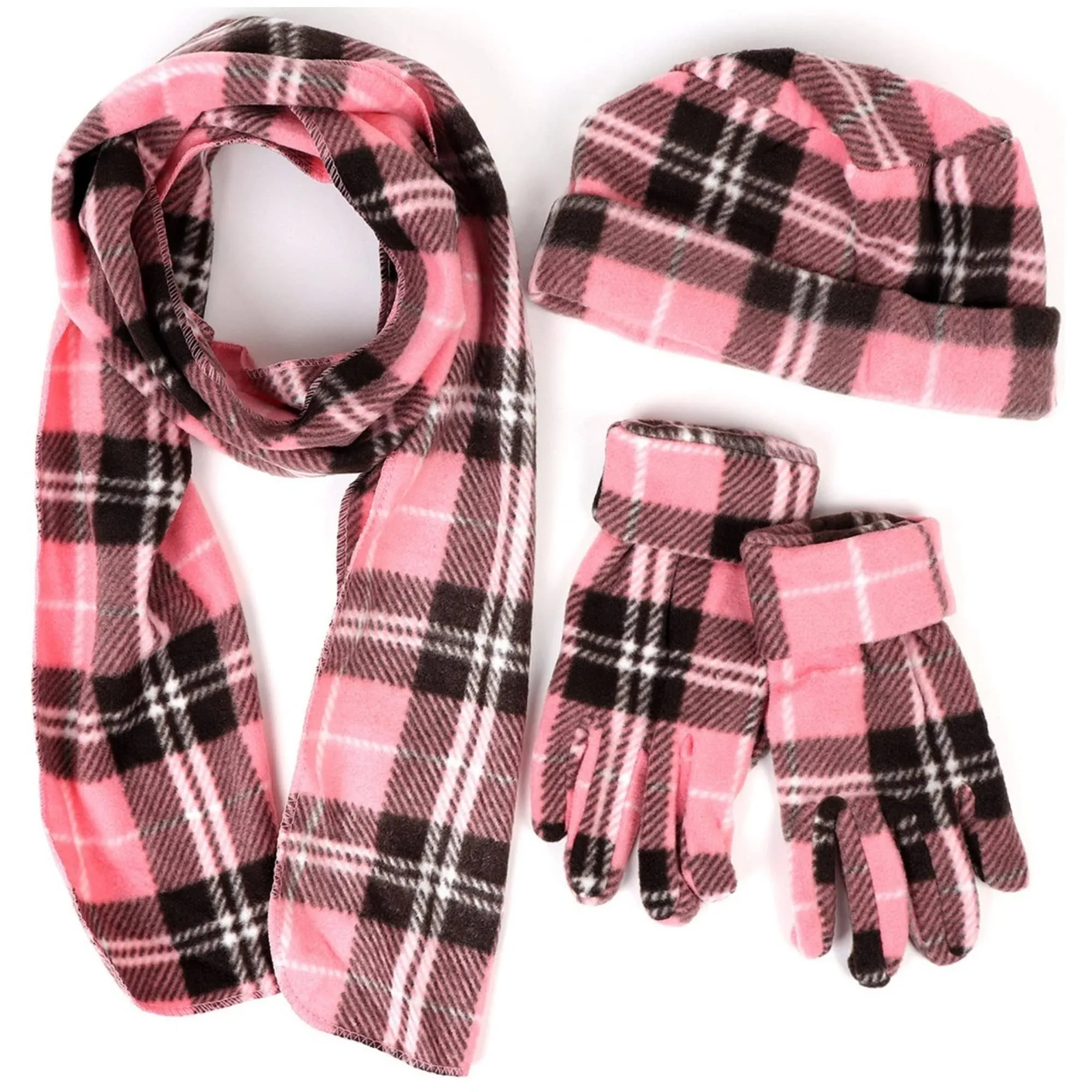 Women&#039;s 3pc Pink Plaid Fleece  Winter Set - Scarf, Hat, Gloves