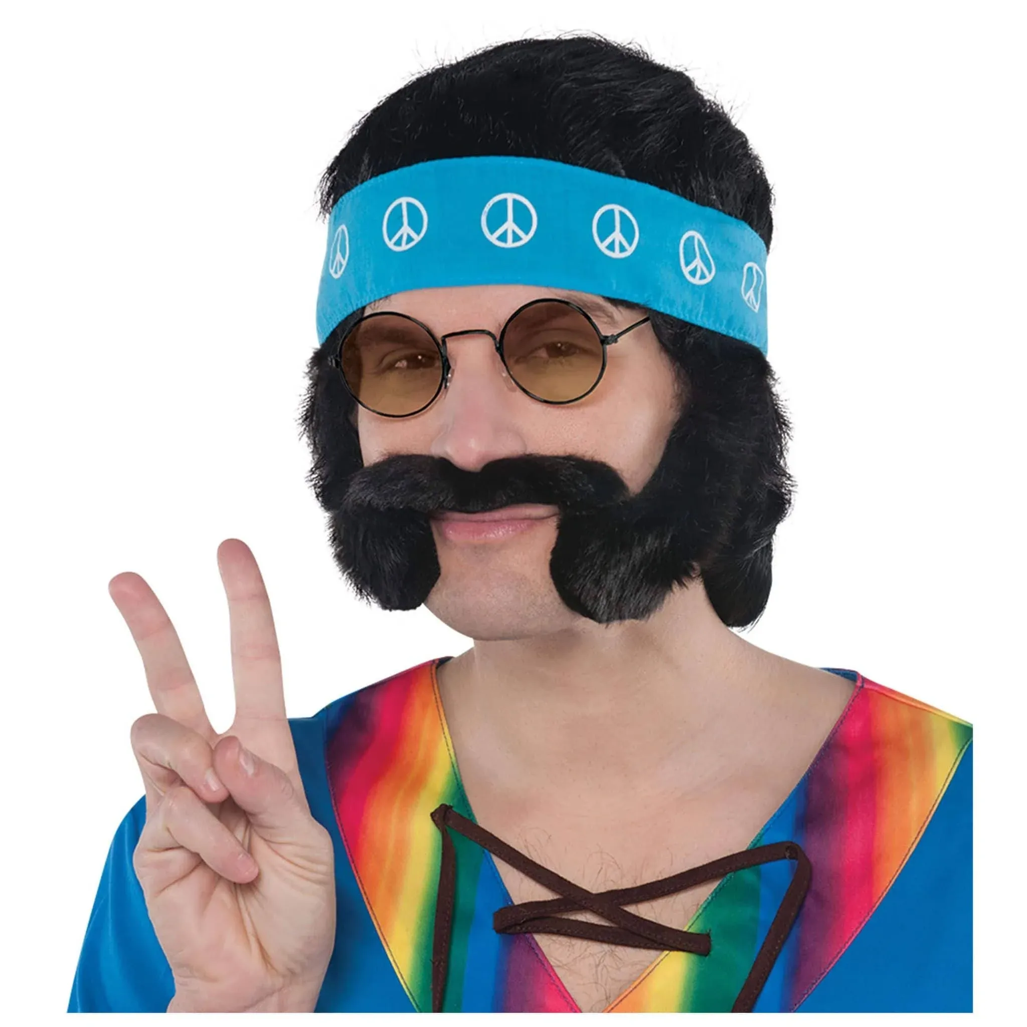 "Groovy 60's Hippie Character Costume Kit Wig, Moustache Headband"