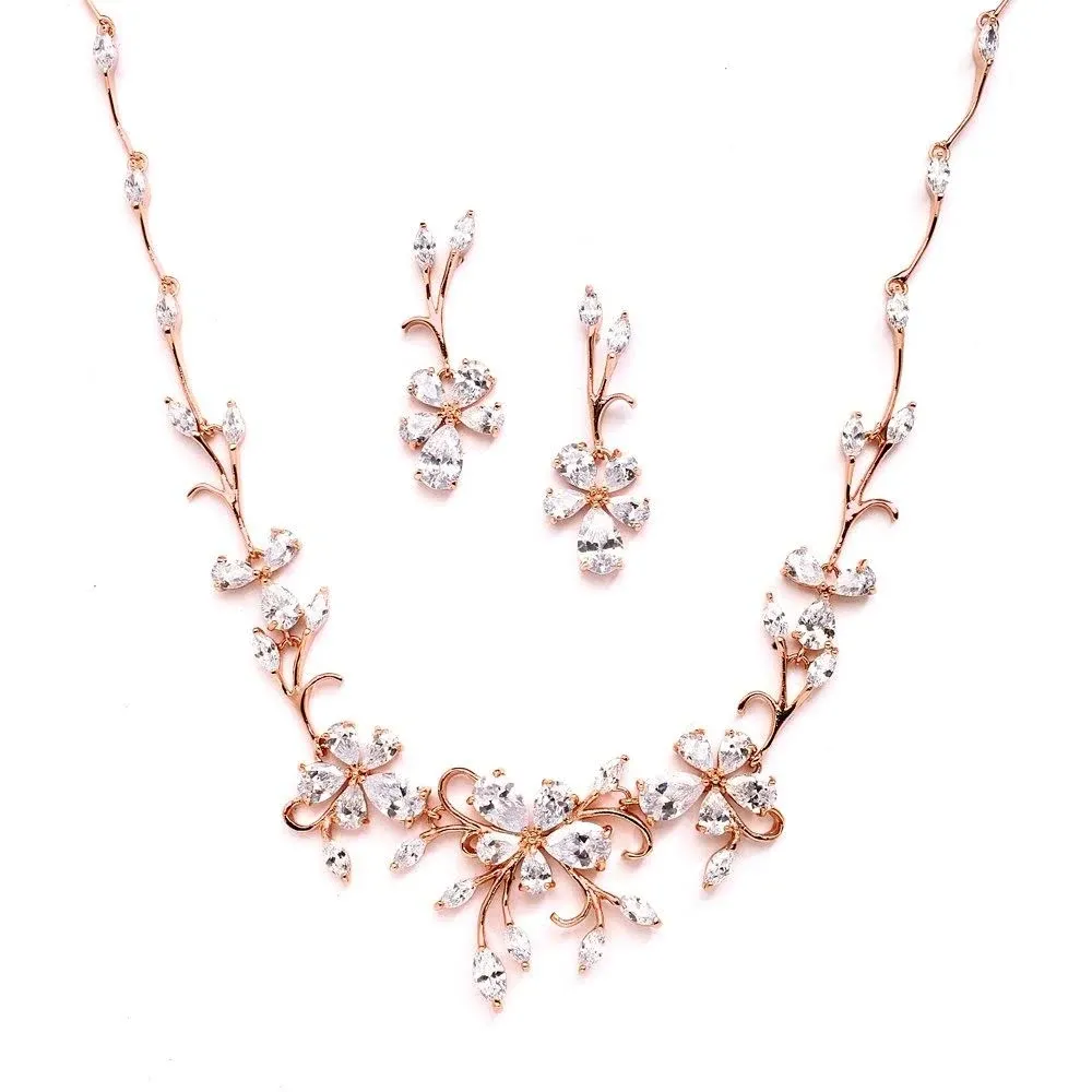 Elegant Rose Gold Vine Motif Cubic Zirconia Necklace And Earrings Set For Weddings Or Formals