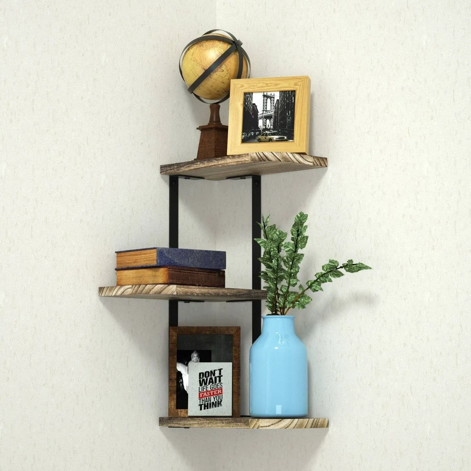 Corner Shelf Wall Mount of 3 Tier Rustic Wood Floating Shelves for Bedroom Living Room, Office