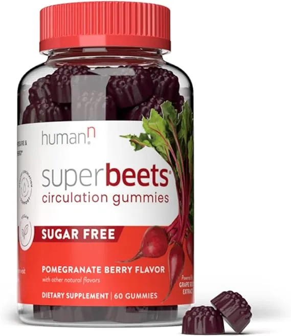 humanN SuperBeets 心脏软糖 - 有益心脏的能量，葡萄籽提取物和甜菜根粉 - 无糖 - 石榴浆果味，60 粒