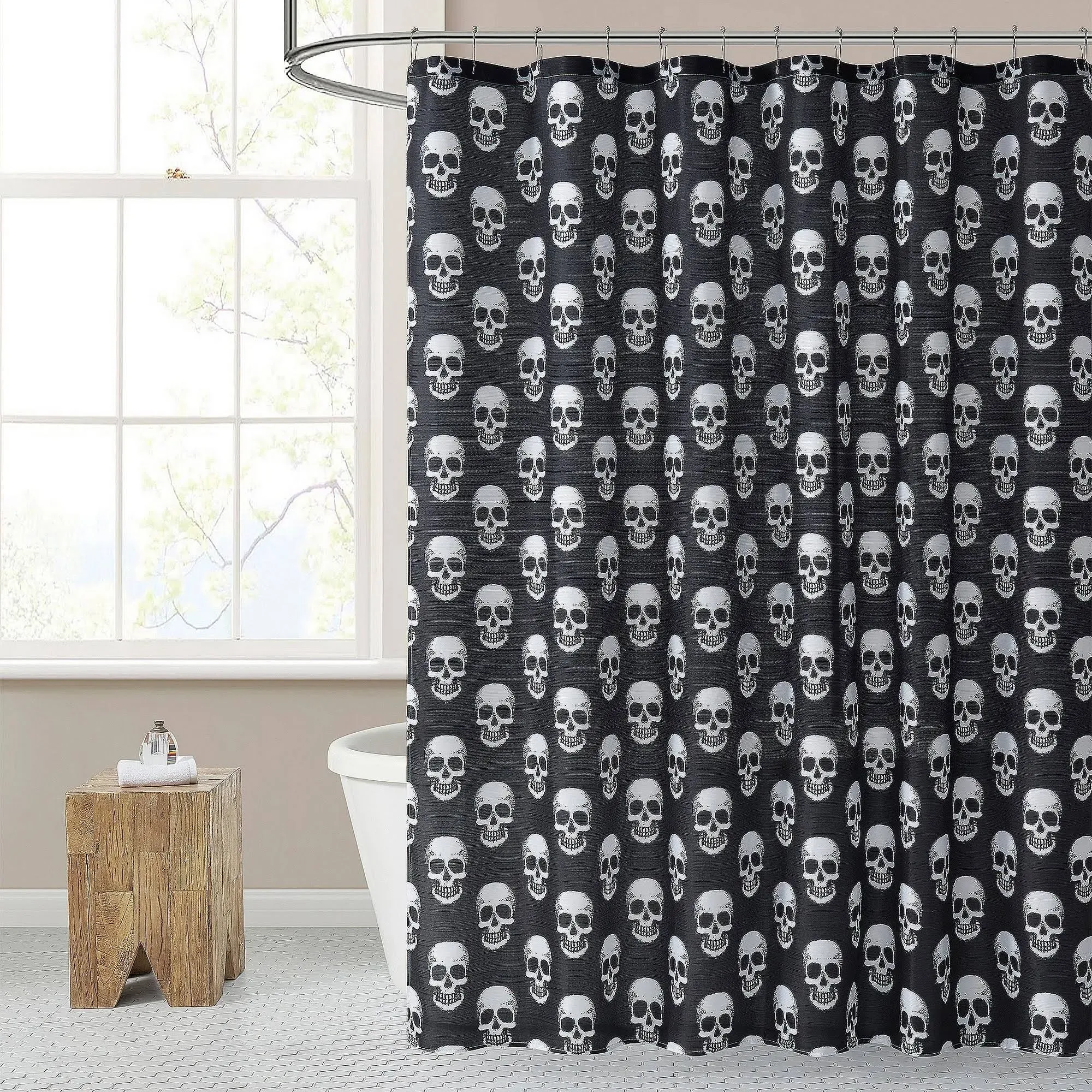 Kate Aurora Halloween Accents Black & White Spooky Skulls Fabric Shower Curtain ...