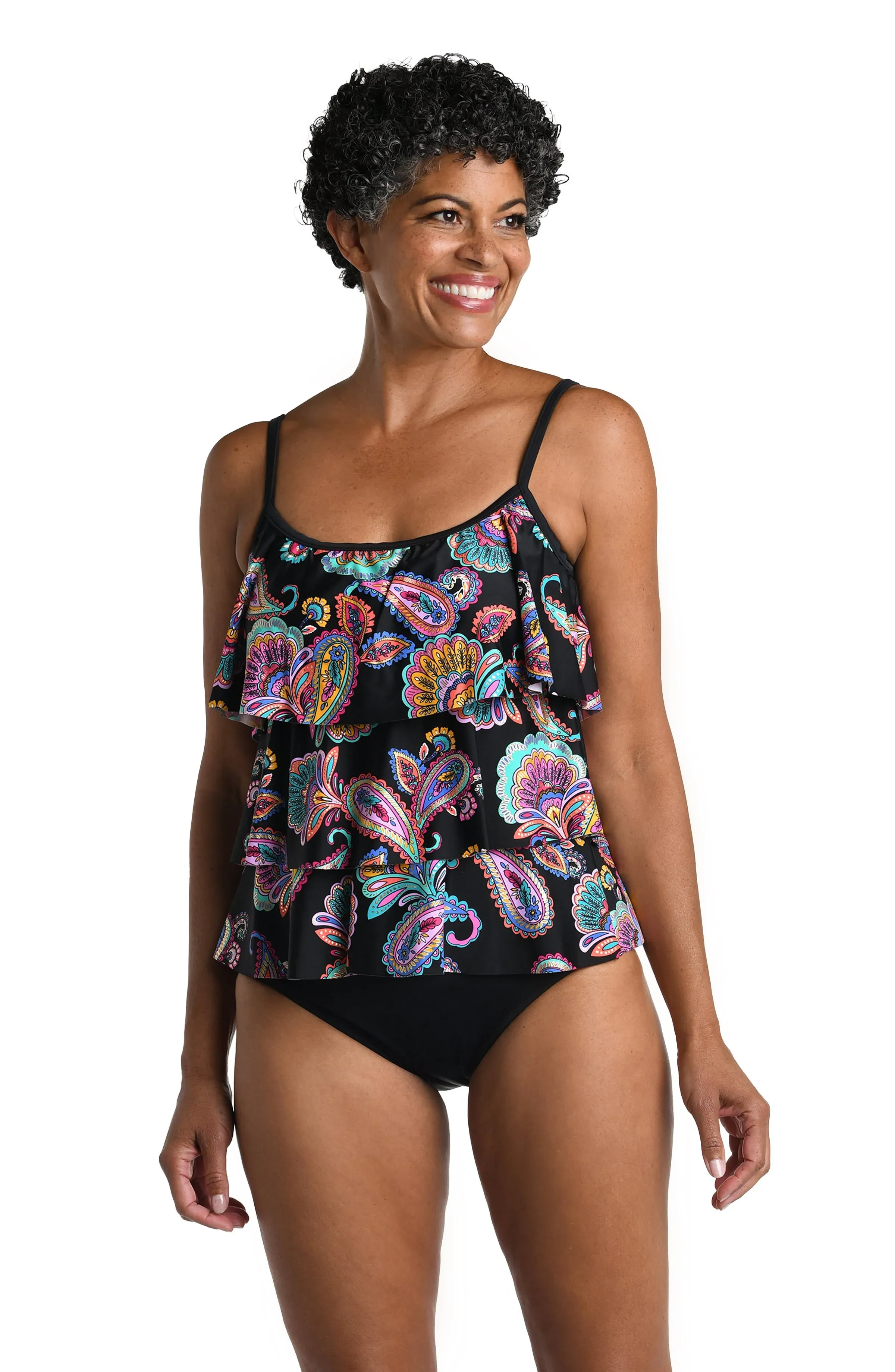 Paisley Parade Triple Tiered Tankini Top, Women's, Size: 8, Black