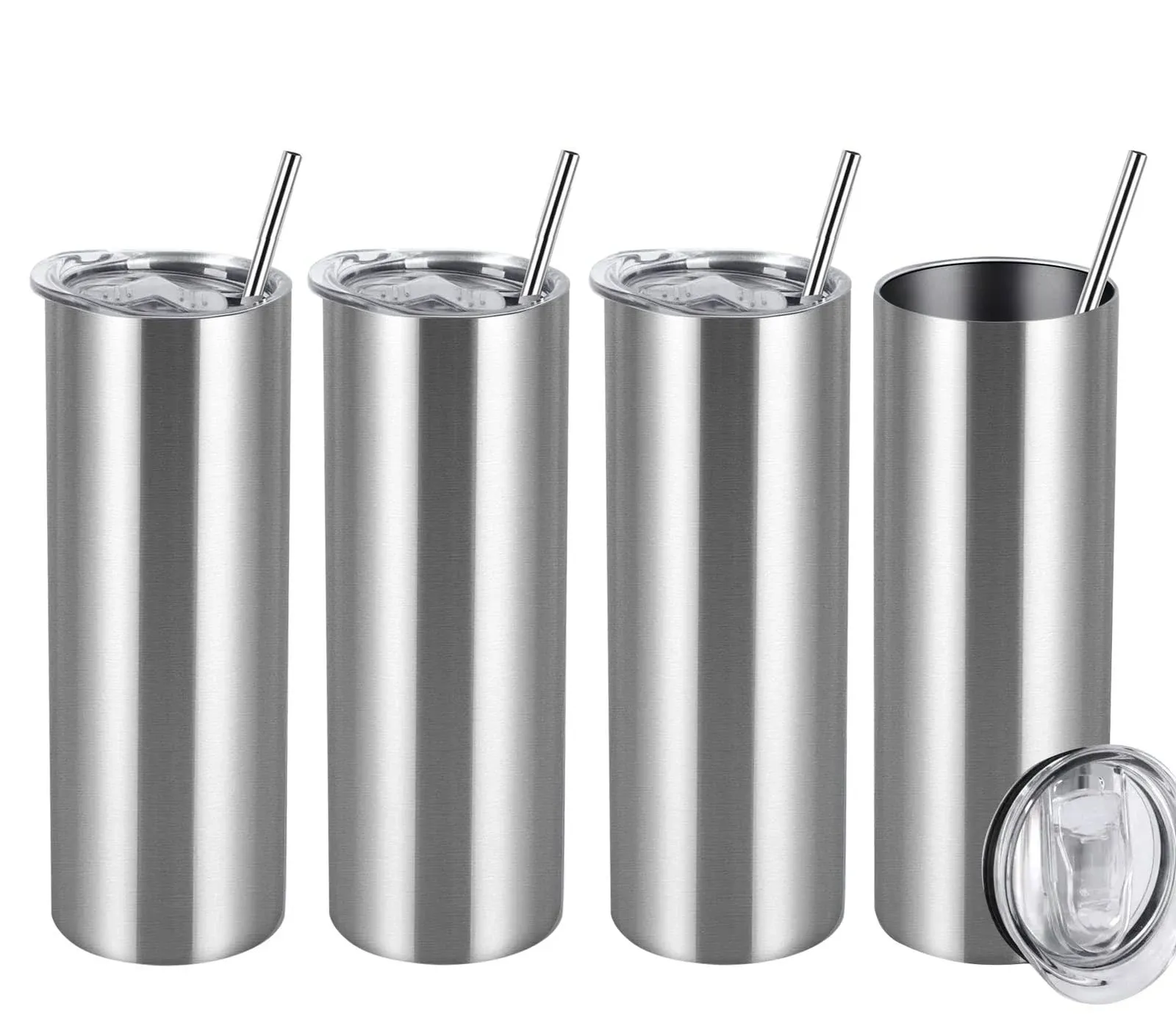 wzaytia 30 oz straight skinny tumbler set, 4 pack stainless steel slim tumbler 30 oz skinny with lid and straw