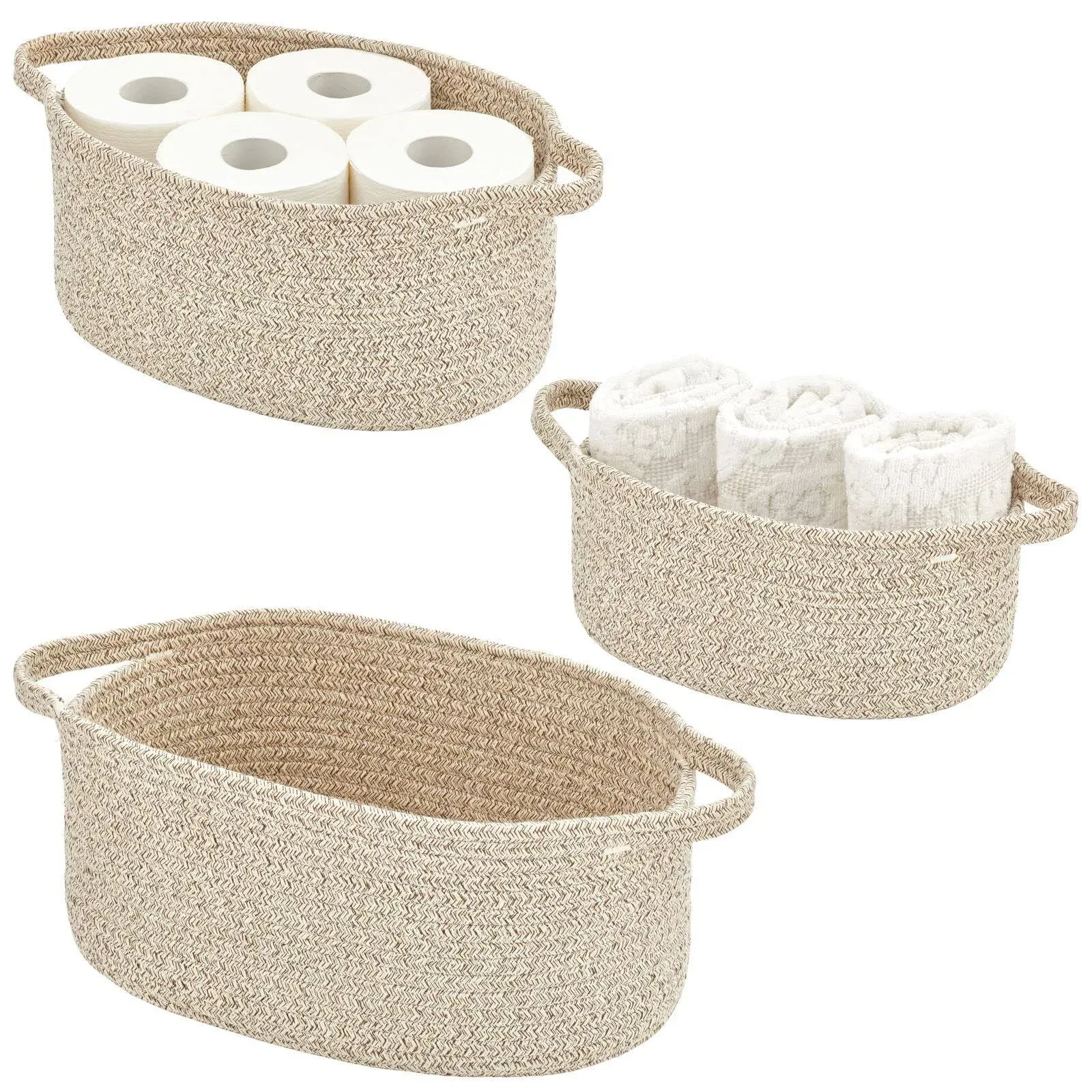 mDesign Casual Woven Cotton Rope Bathroom Basket with Handles, Set of 3, Brown