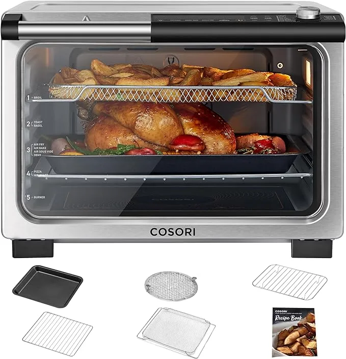 COSORI 11-in-1 Ceramic Air Fryer Toaster Oven Combo, Flat-Sealed Heating Elements for Easy Cleanup, Innovative Burner Function, 5 Accessories & Recipes, 26QT, Silver, Stainless Steel