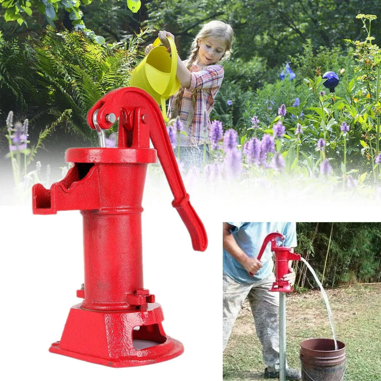 Hand Water Pump Well Pitcher Cast Iron Press Suction Yard Garden Green Gift