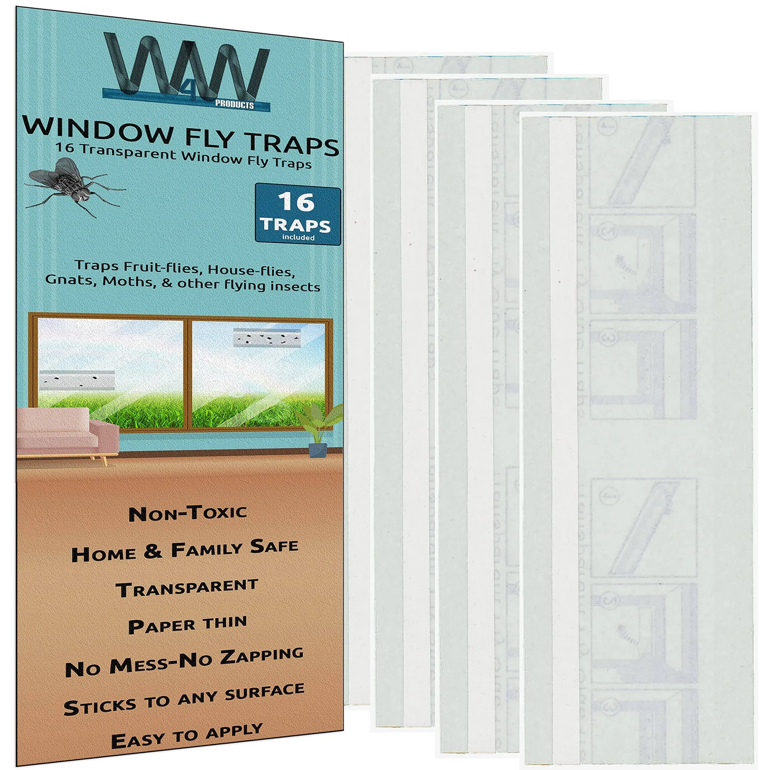 W4W Flies &amp; Bug Window Fly Trap - Indoor / Contains 16 Traps, Clear 