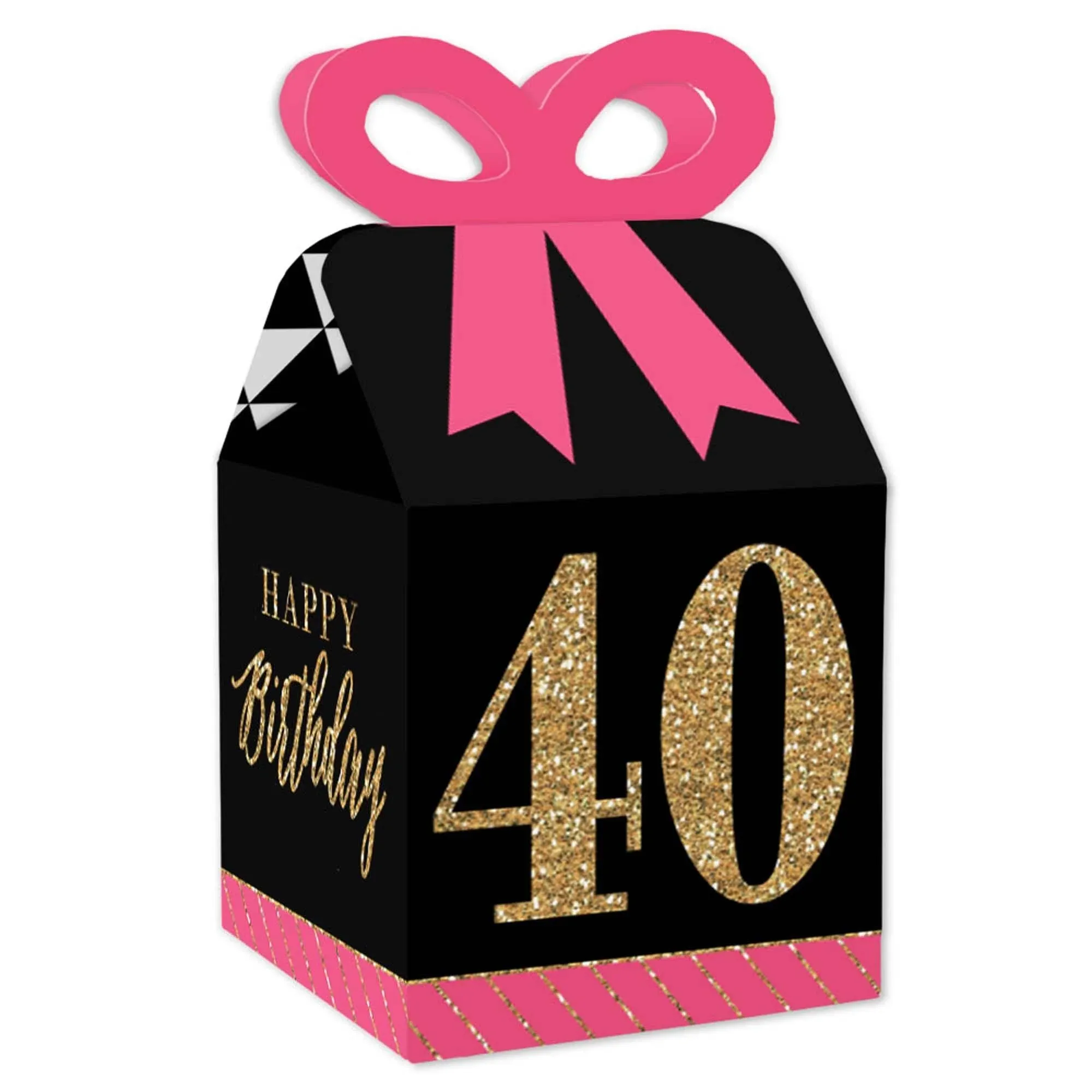 Chic 40th Birthday - Pink, Black and Gold - Square Favor Gift Boxes - Birthday Party Bow Boxes - Set of 12