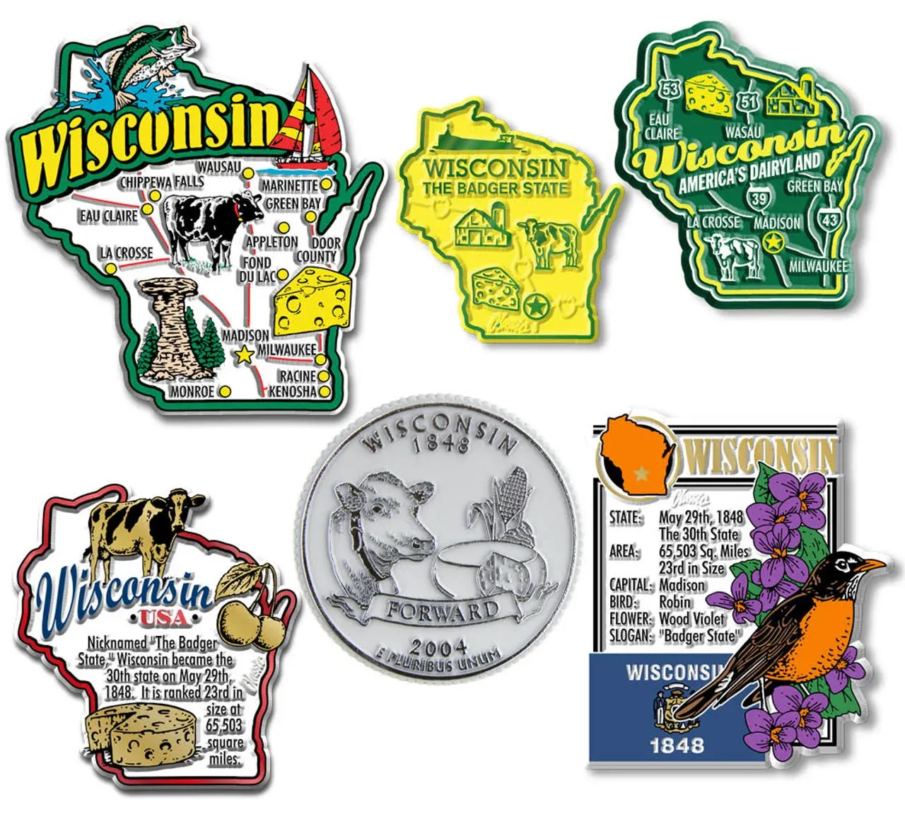 Wisconsin Six-Piece State Magnet Set by Classic Magnets, Includes 6 Designs