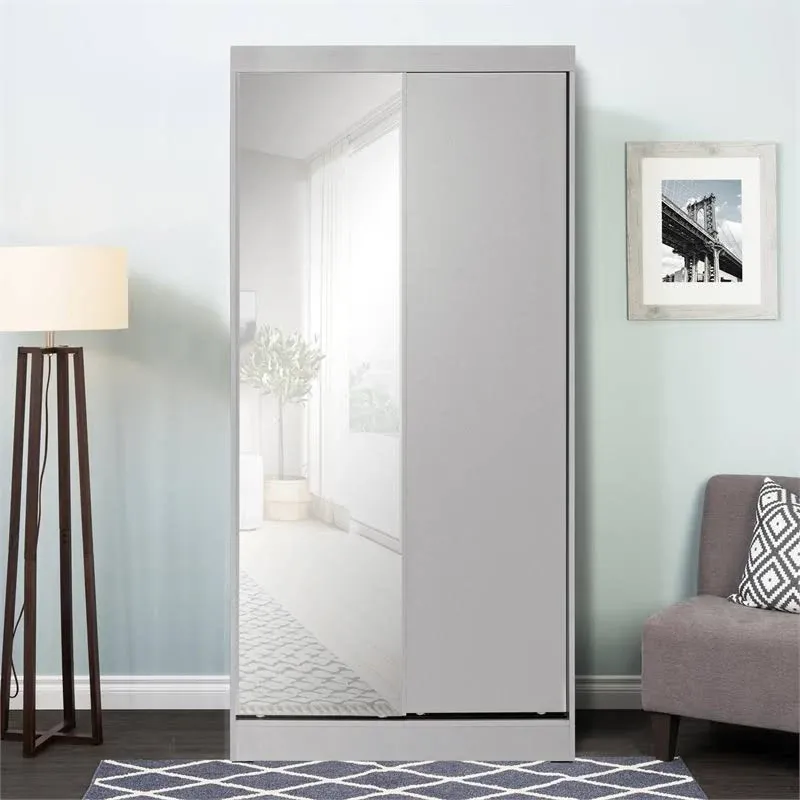 Better Home Products Mirror Wood Double Sliding Door Wardrobe in Light Gray - Transitional - Armoires And Wardrobes - by Homesquare | Houzz