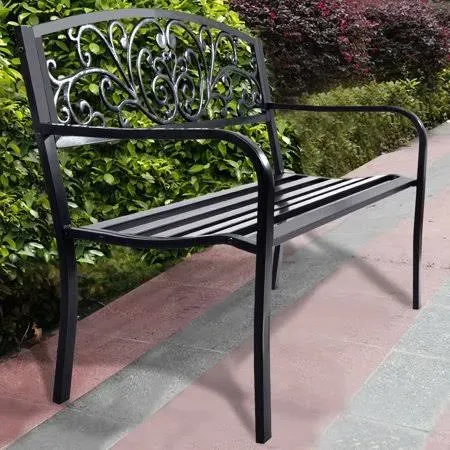 GOPLUS 50&#034; Patio Park Garden Bench Porch Chair Steel Frame Cast Iron Backrest