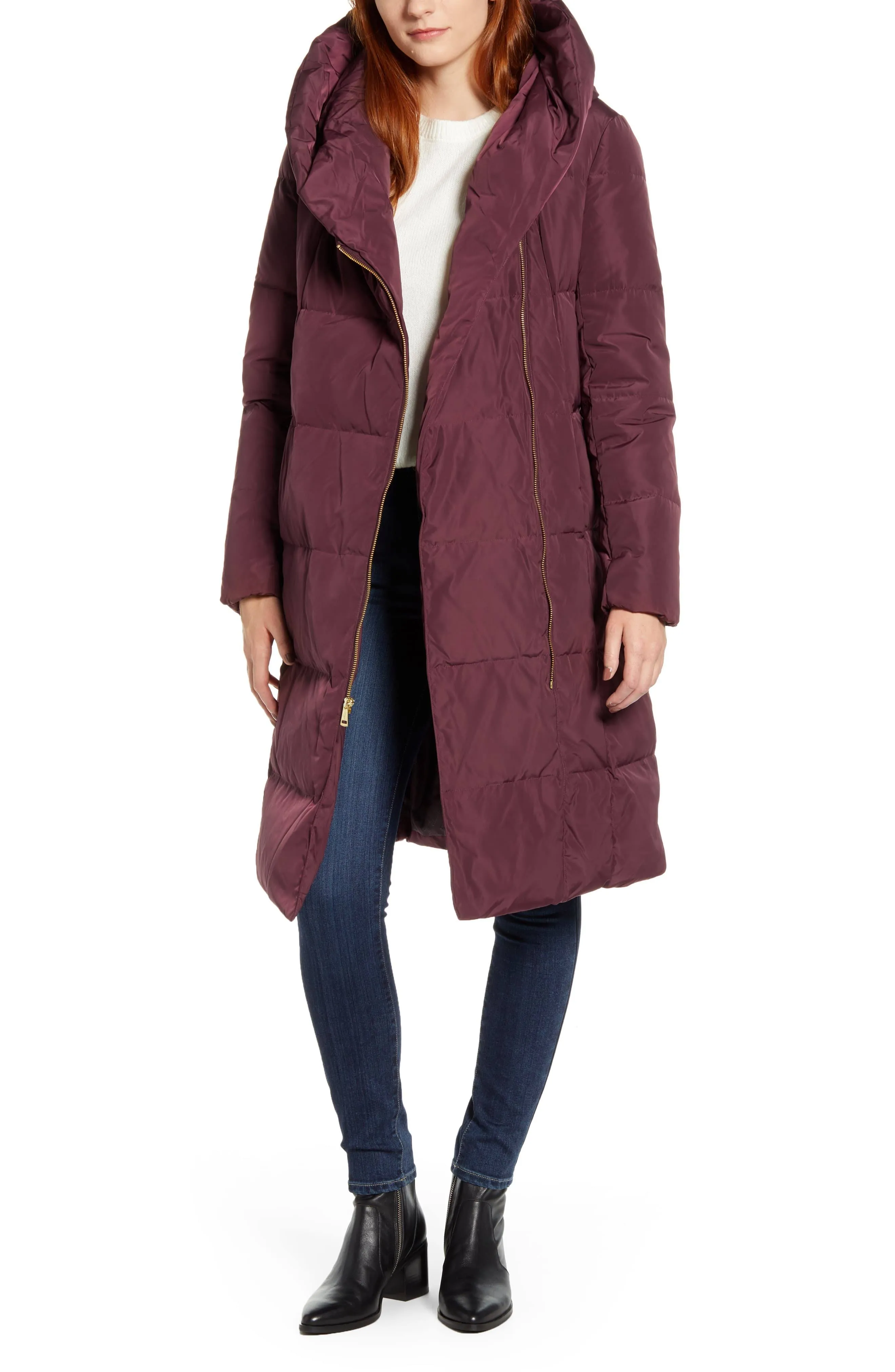 Cole Haan Womens XS Merlot Purple Asymmetrical Zip Down &amp; Feather Coat Parka