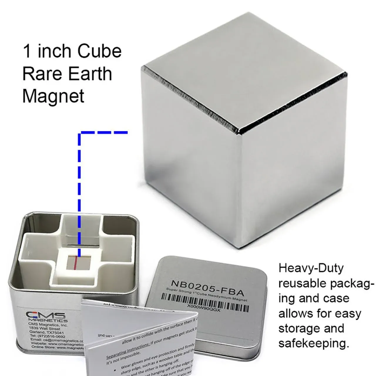 CMS Magnetics 1-Inch Neodymium Cube Magnet | Strong NdFeB Rare Earth Magnet with Triple Ni-Cu-Ni Coating | Durable & Powerful for Industrial, DIY & Educational Use, Safe Keeper Included