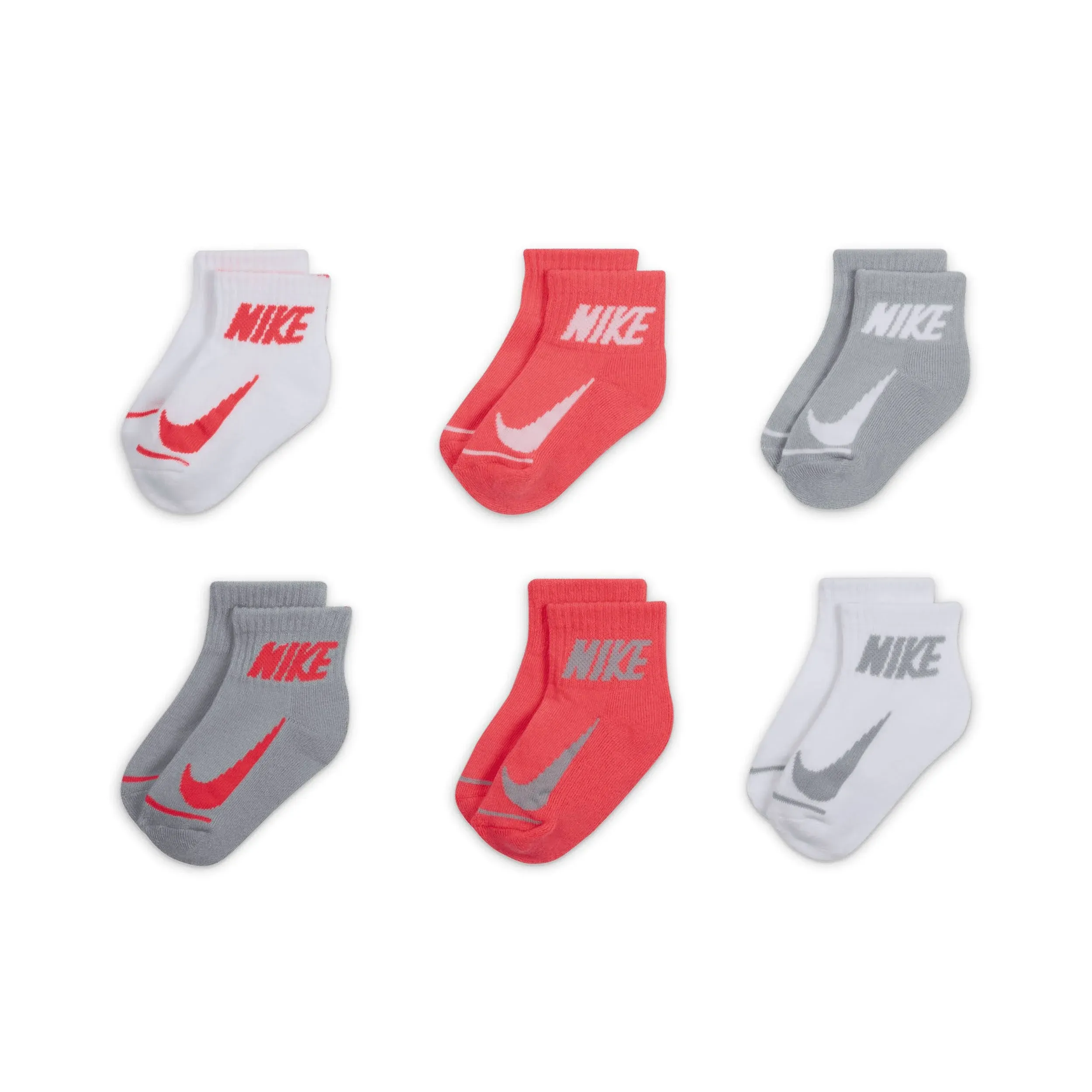 NIKE Kids Ankle Socks Cushioned 6 Pairs White Gray &amp; Pink - Age 5-7 Kids 10C-3Y