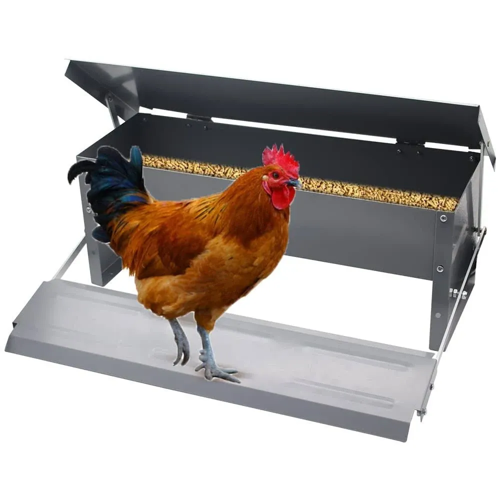 5L Automatic Chicken Feeder Poultry Treadle Galvanized Steel Trough for Roosters Pheasant Chicken Outdoor Coop, Rat Proof with Weatherproof Lid