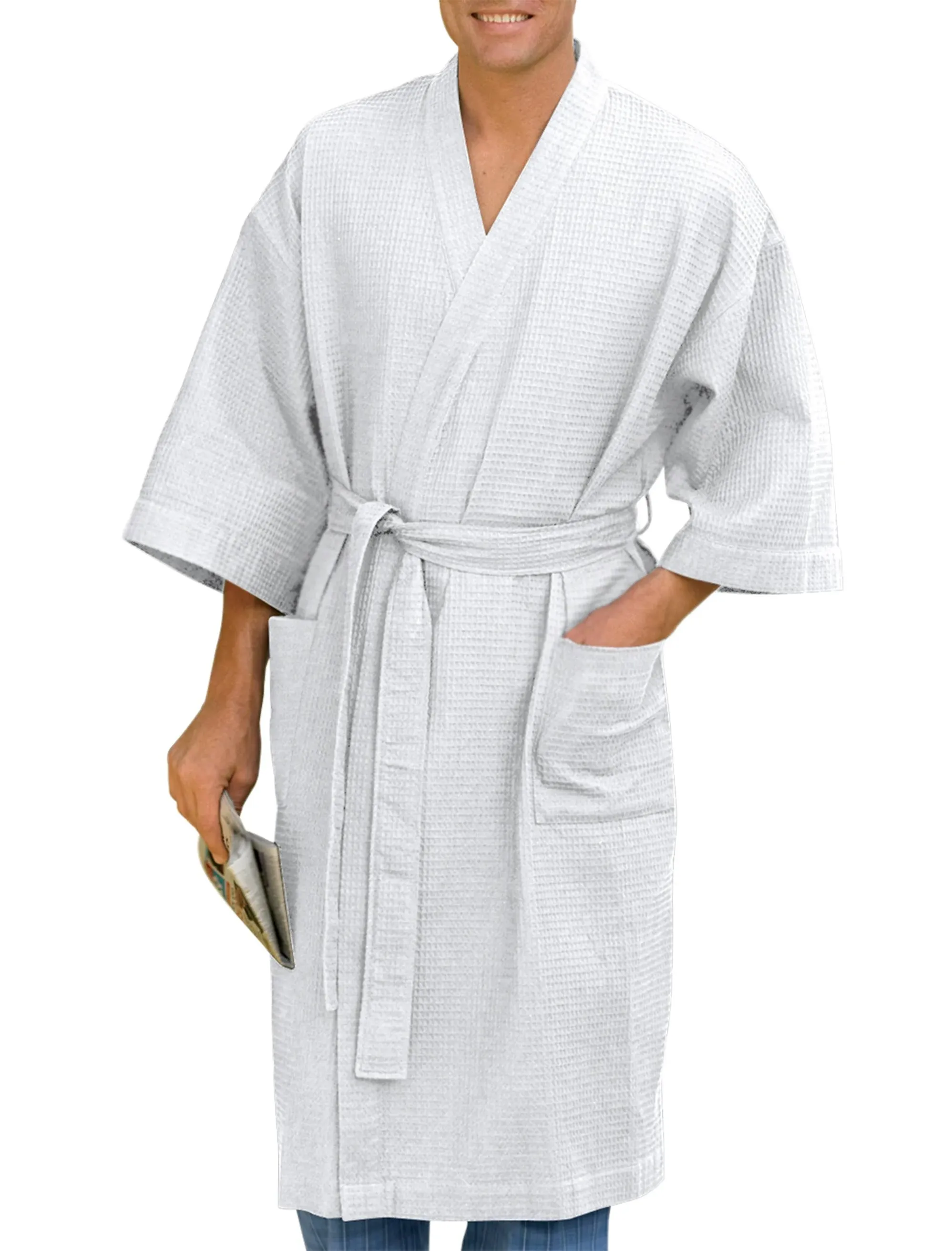 Harbor Bay by DXL Big and Tall Men's Waffle-Knit Kimono Robe, White, 5XL/6XL