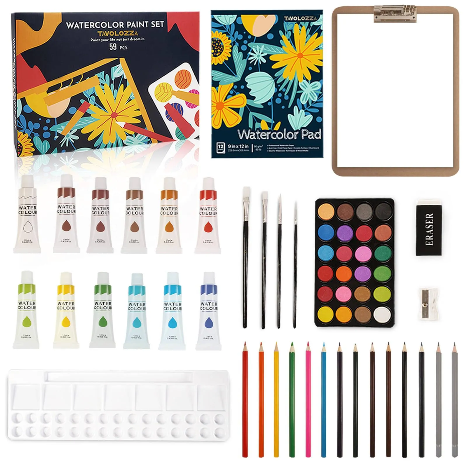 59pcs Watercolor Paint Set for Adults Beginner Artists Kids, Art Painting Supplies Kit with 12 Watercolor Paints 24 Color Watercolor Cakes Painting