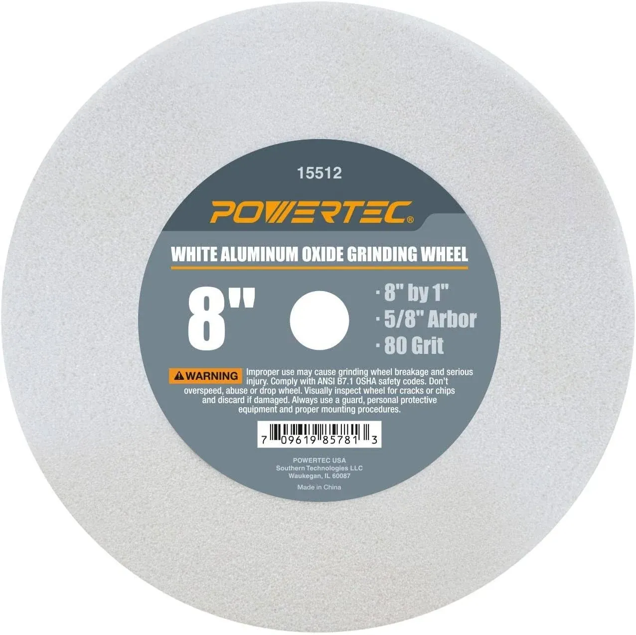 POWERTEC 15512 80 Grit 5/8" Arbor White Aluminum Oxide Grinding Wheel, 8" x 1"