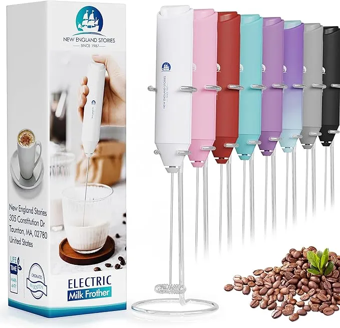 Electric Milk Frother Handheld, Battery Operated Whisk White (Silver Stand) 