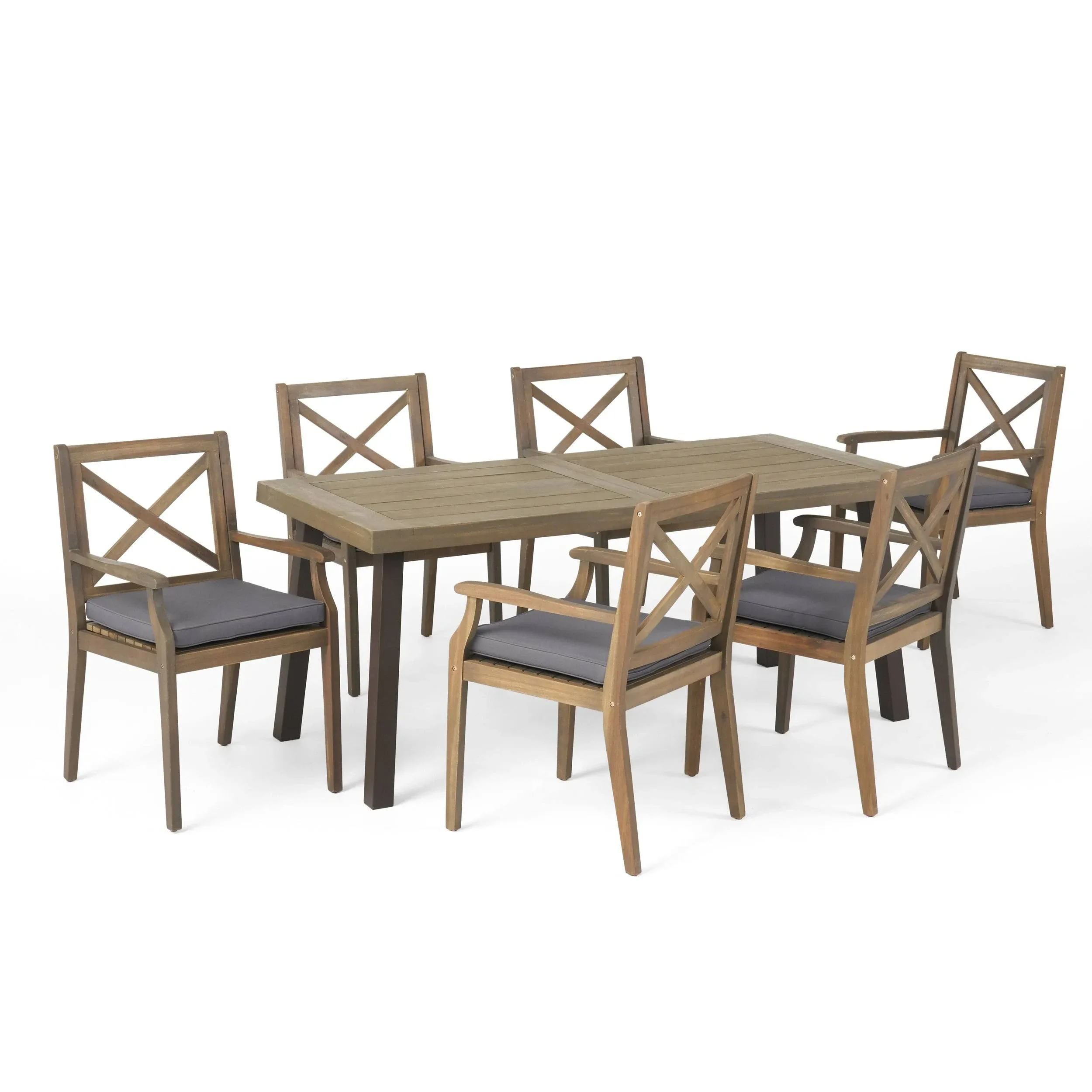 Christopher Knight Home Justin Outdoor 7 Piece Acacia Wood Dining Set, Teak, Gray Finish/Rustic Metal/Dark Gray