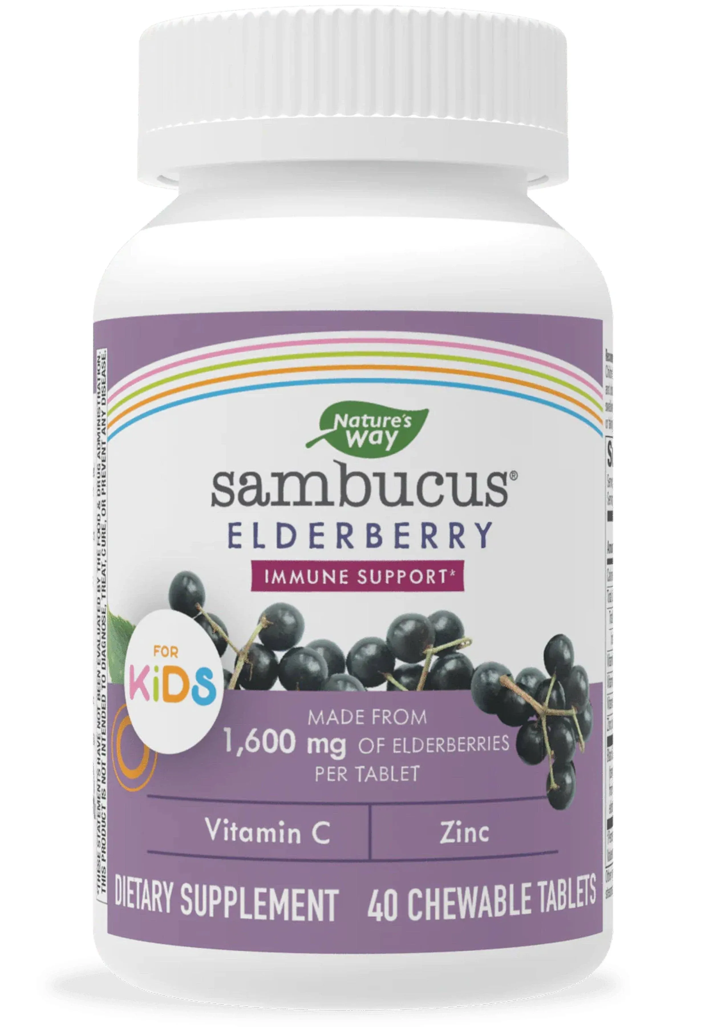 Nature's Way Sambucus Elderberry For Kids with Vitamin C and Zinc, Immune Support*, 40 Chewable Tablets