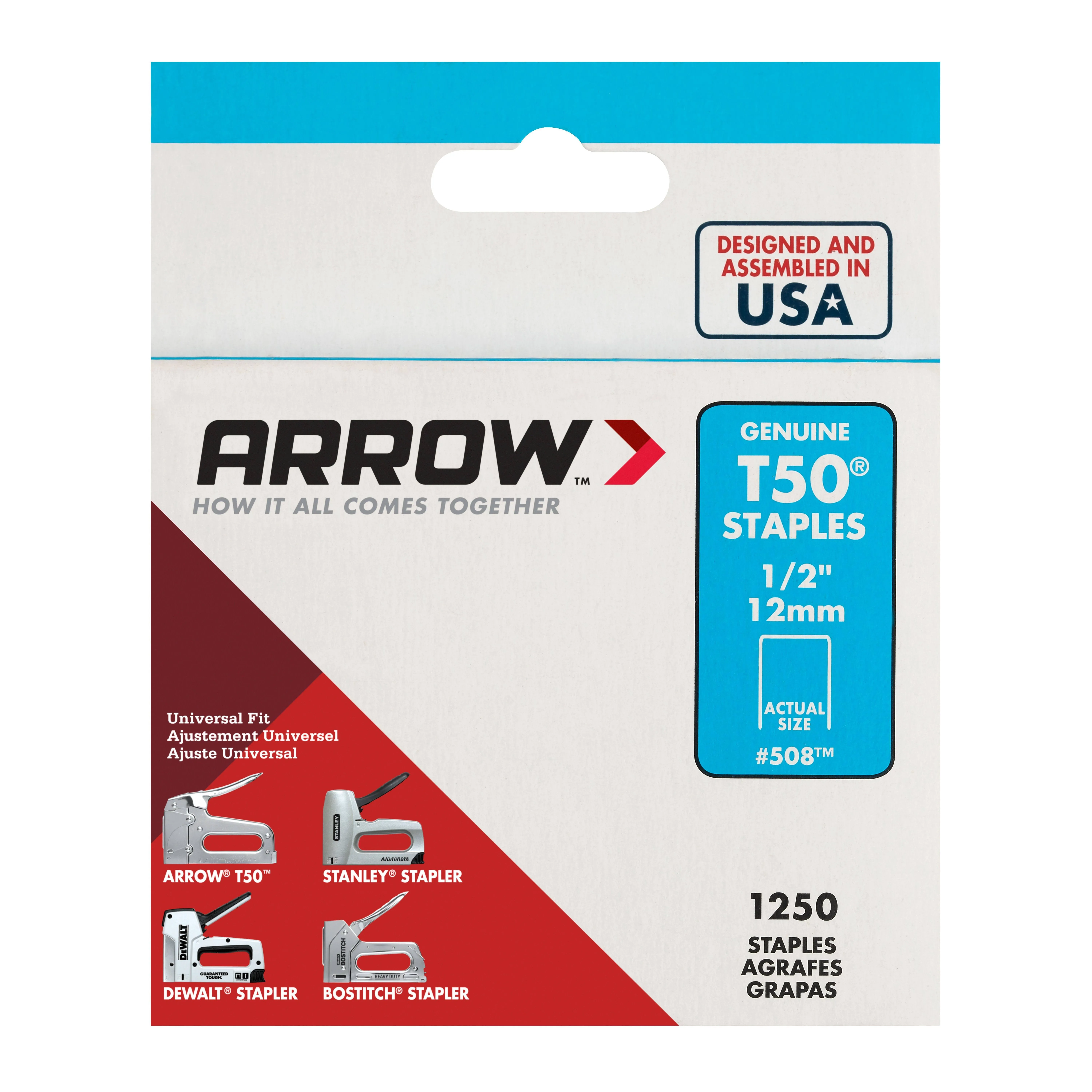 Arrow Fastener Flat Crown Staples, 1/2" x 3/8", Silver - 1250 pack