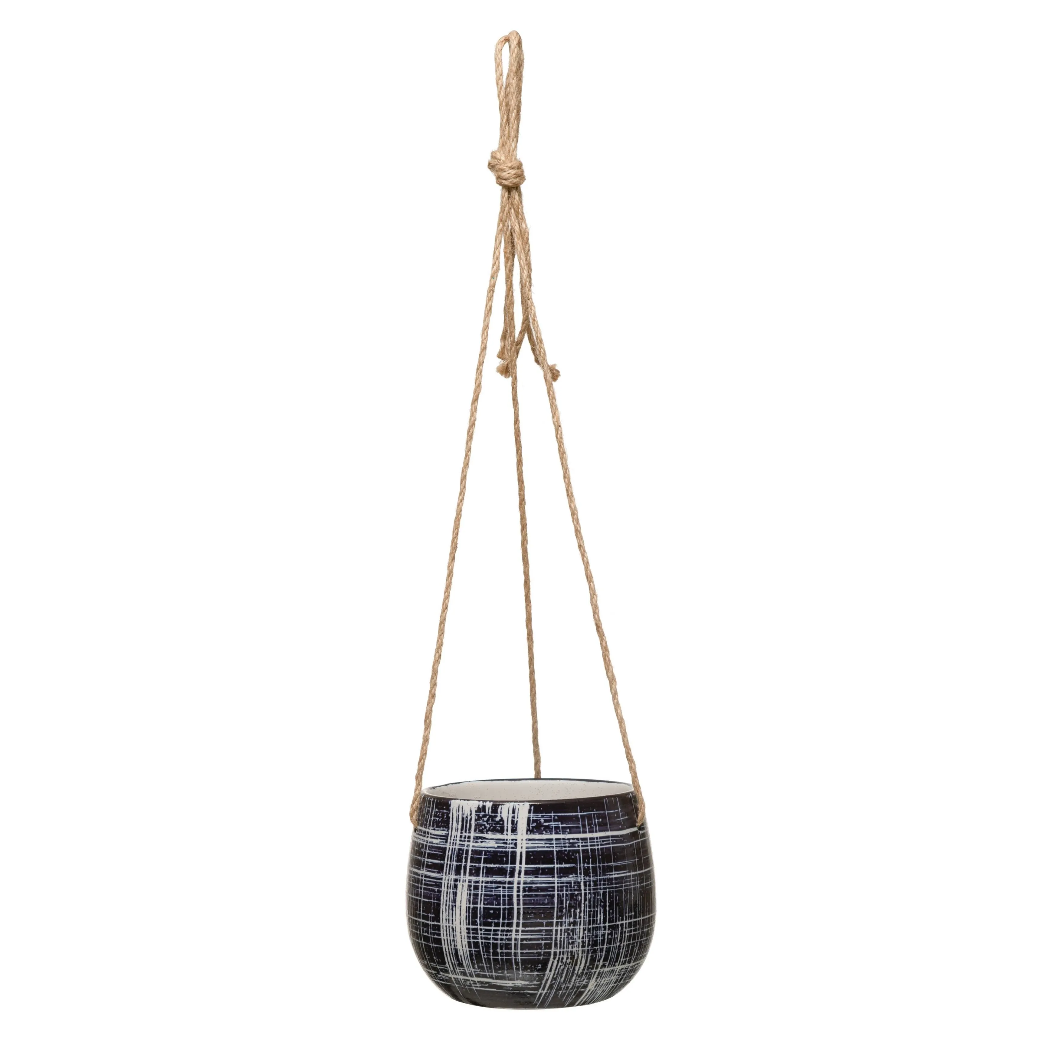 Hanging Stoneware Planter with Pattern & Jute Hanger Blue (Holds 5" Pot)