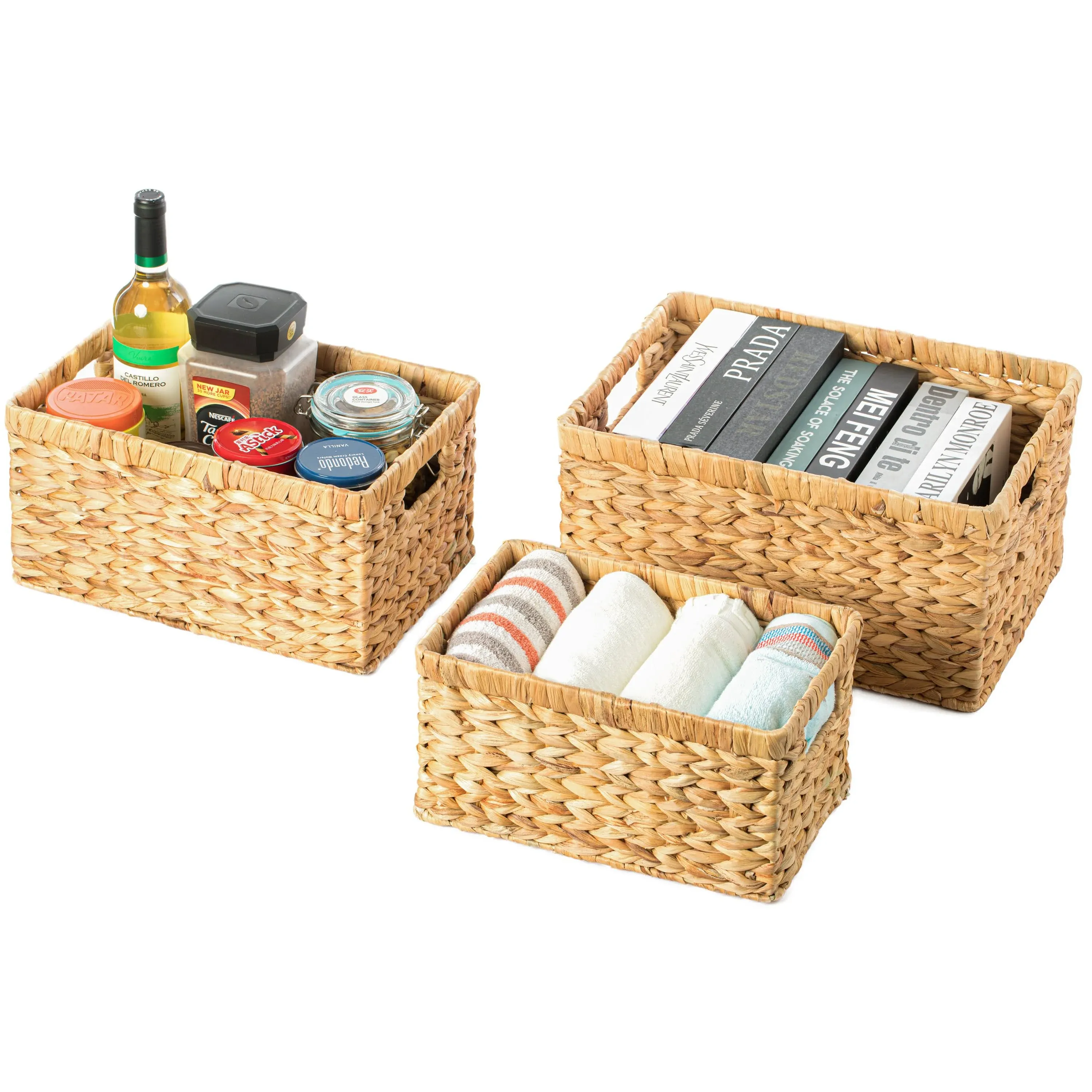 Vintiquewise Natural Woven Water Hyacinth Wicker Rectangular Storage Bin Basket with Handles, Set of 3