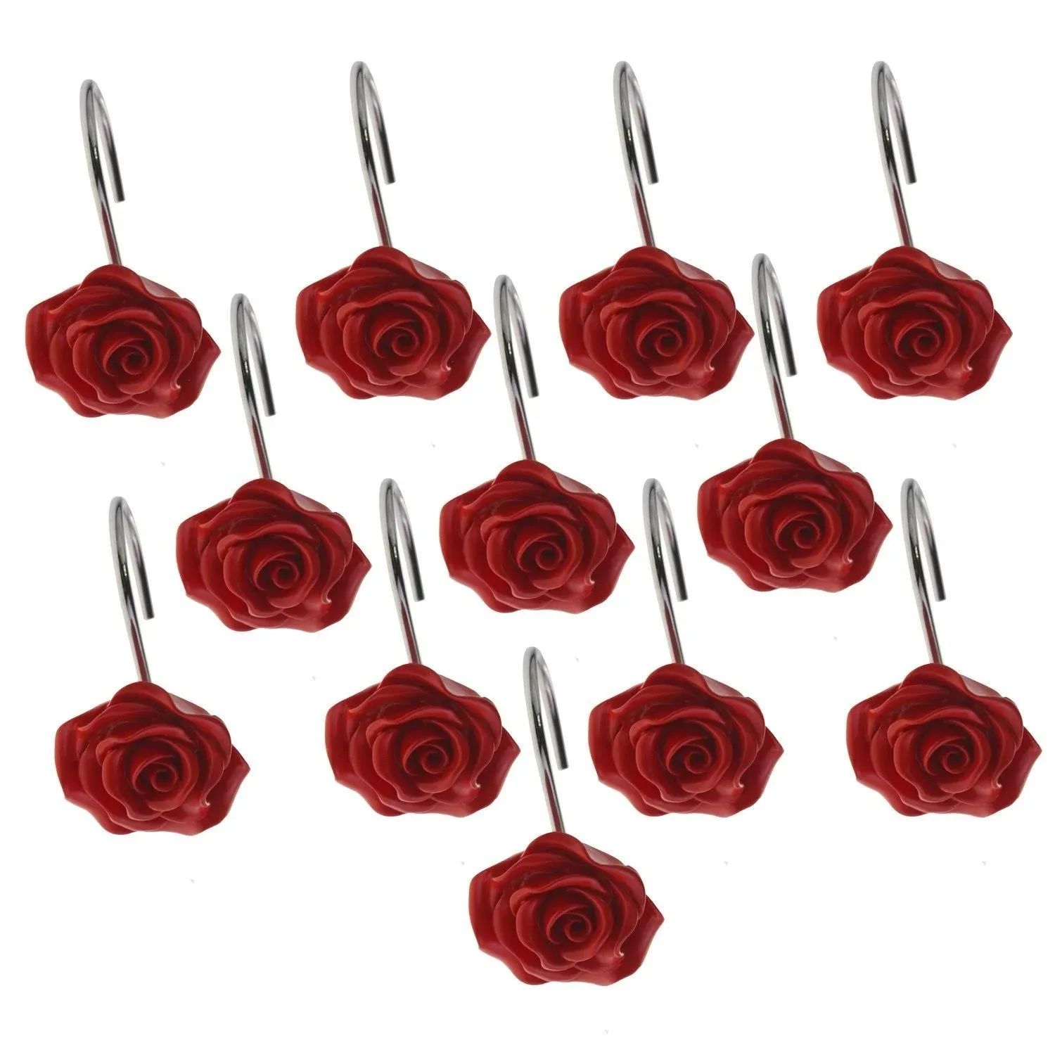 Shower Curtain Hooks Rose Design 12-PC Decorative Anti-Rust Bathroom Rings Red