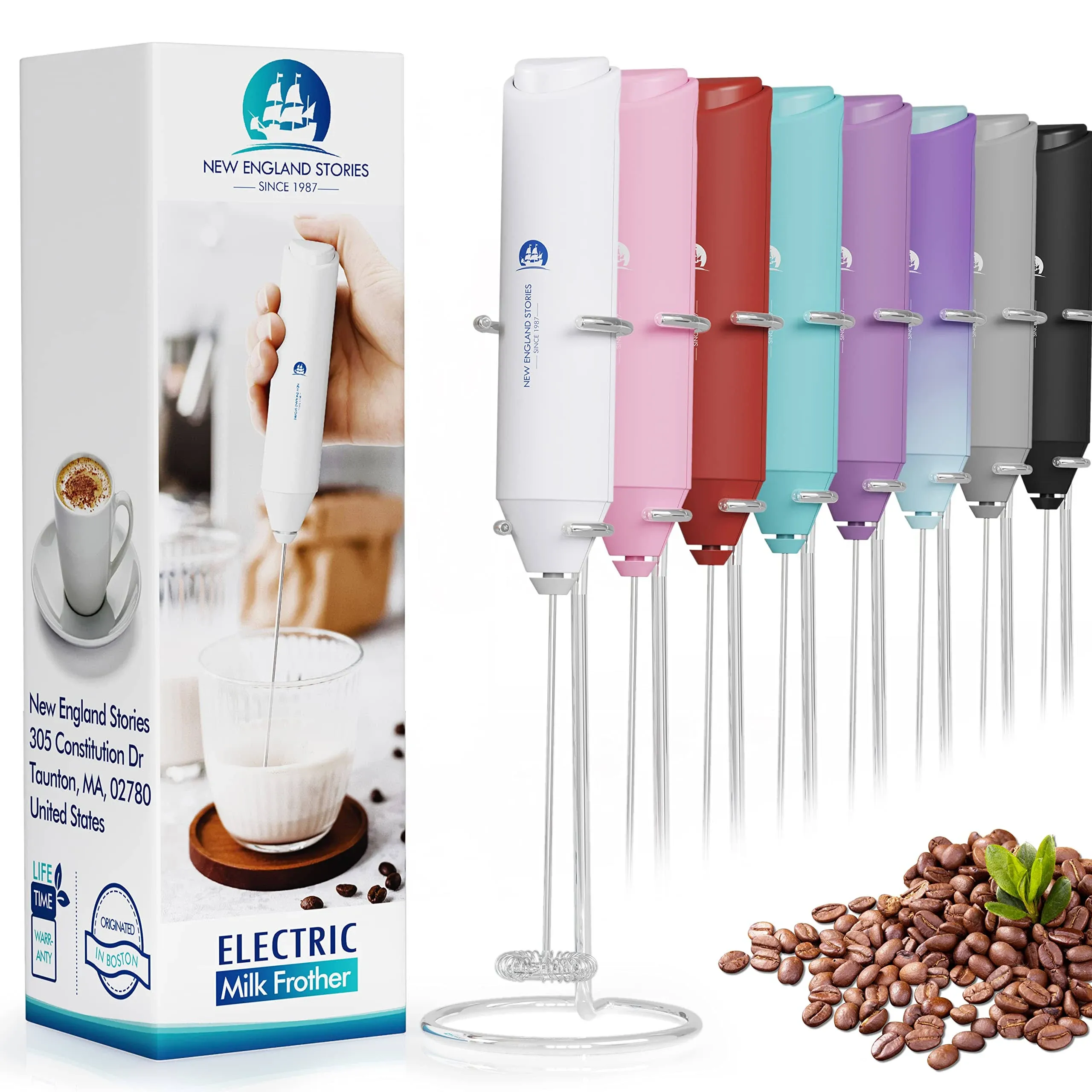 Powerful Milk Frother Handheld Foam Maker, Mini Whisk Drink Mixer for Coffee, Cappuccino, Latte, Matcha, Hot Chocolate, With Stand, White