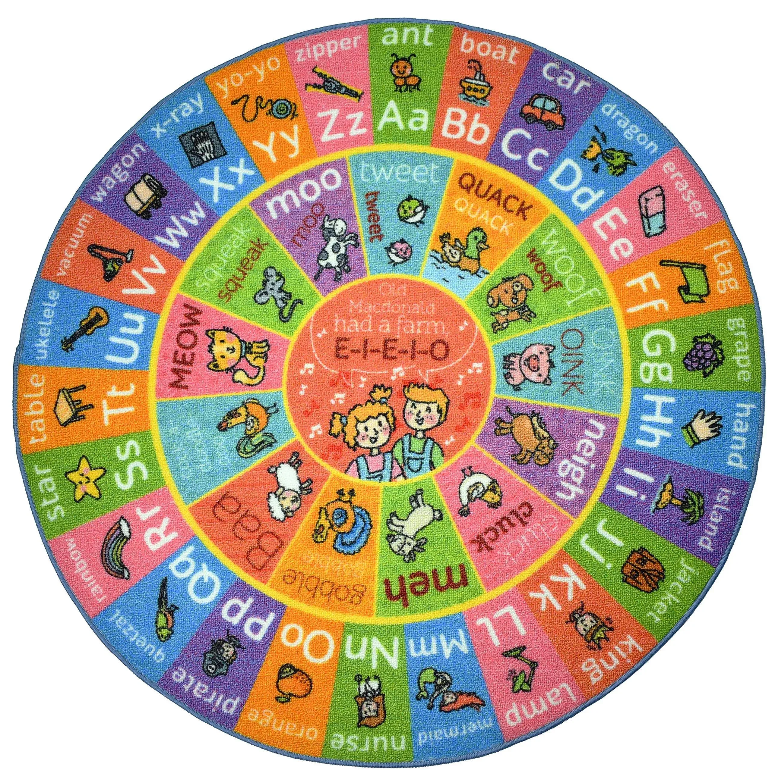 KC Cubs Playtime Collection ABC Alphabet with Old MacDonald's Animals Educational Learning & Game Round Circle Area Rug Carpet for Kids and Children