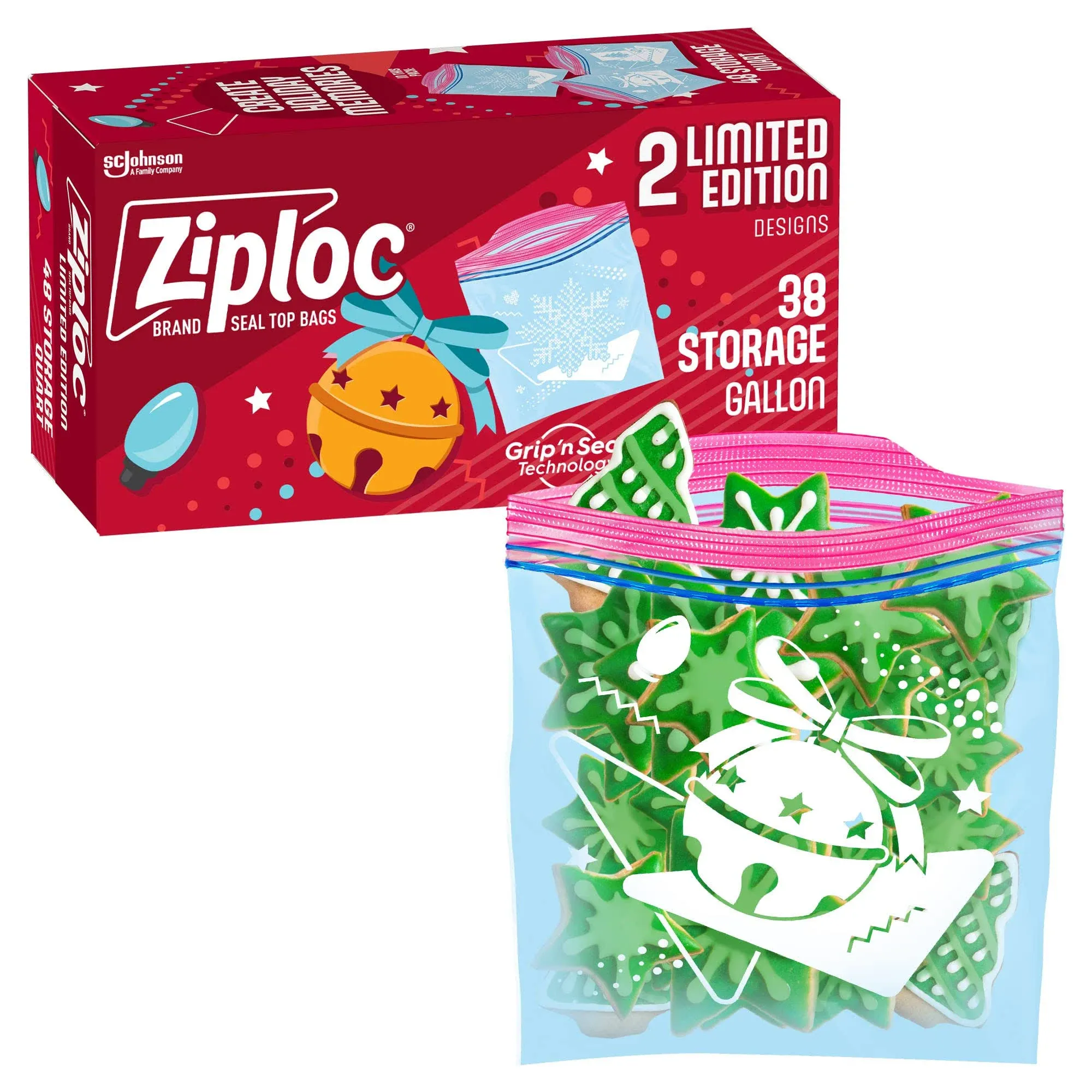 Ziploc Limited Edition Holiday Gallon 38 Count Elf Palm Tree Christmas Cookies