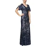 Alex Evenings Womens Embroidered Sequined Formal Dress Navy 6