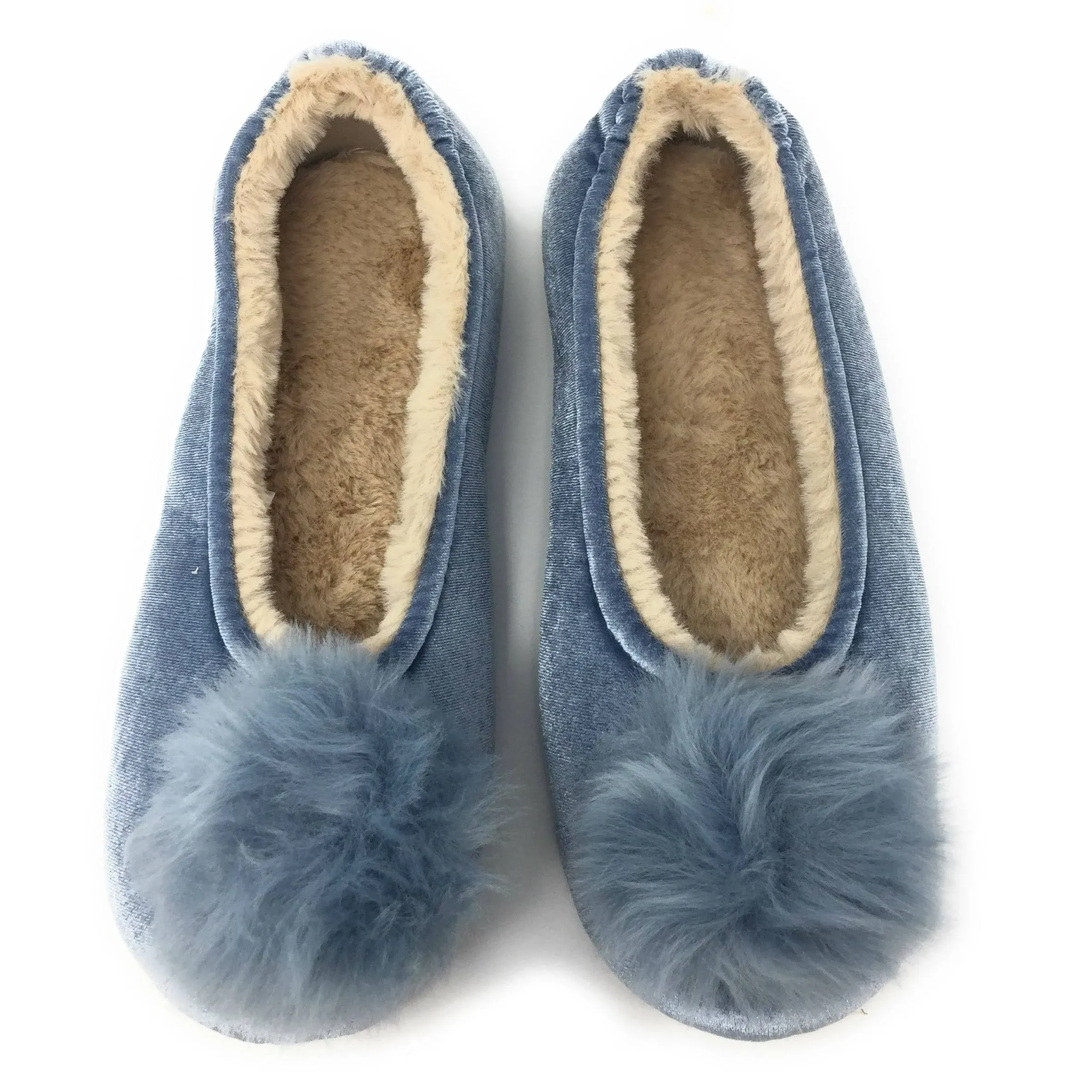 Pom Pom Blue Fuzzy Ballerina Slippers for Women