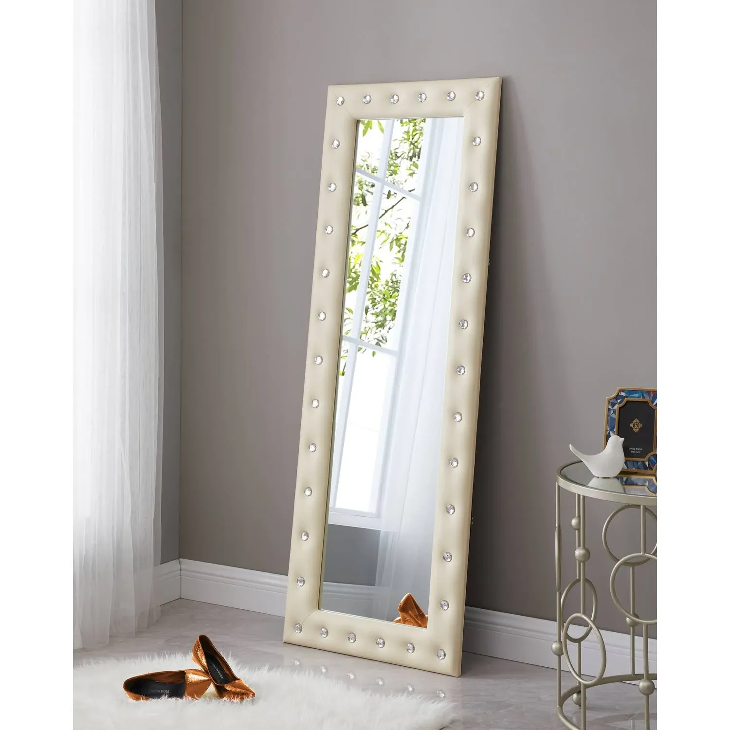 Crystal Tufted Floor Mirror Full Length, 63"LX22"W Wall Mirror Full Length, Standing Mirror Full Length, Full Length Wall Mirror With Faux Wood Frame, Full Length Mirrors for Bedroom - Beige