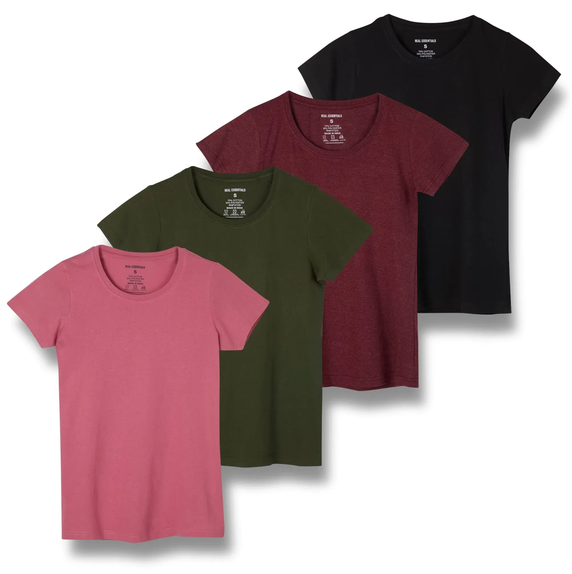 Real Essentials 4 Pack: Women's Classic-Fit Cotton Short-Sleeve Scoop Crew Neck T-Shirt (Available in Plus Size)