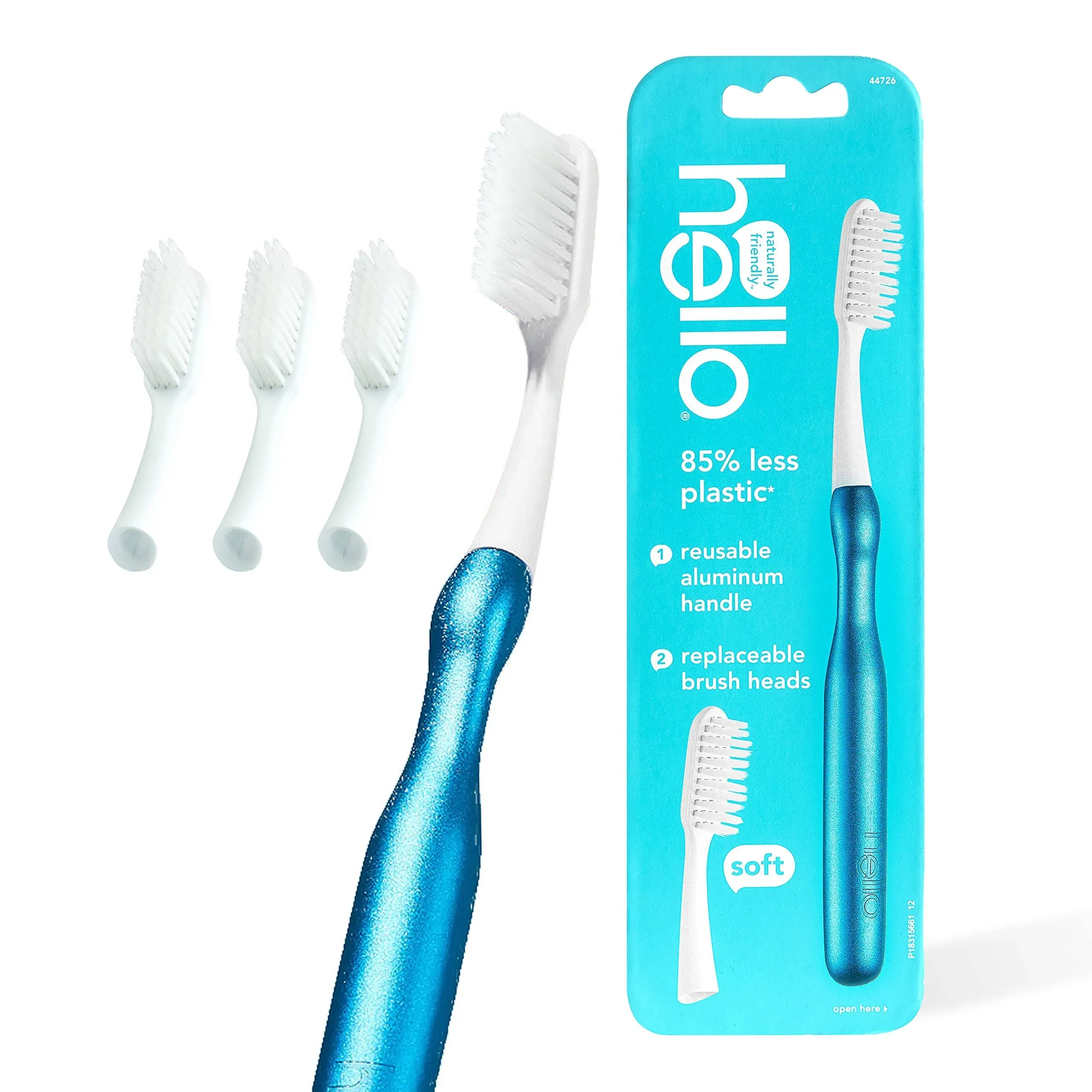 Hello Manual Adult Toothbrush with Reusable Blue Modern Aluminum Handle & 4 Soft ...