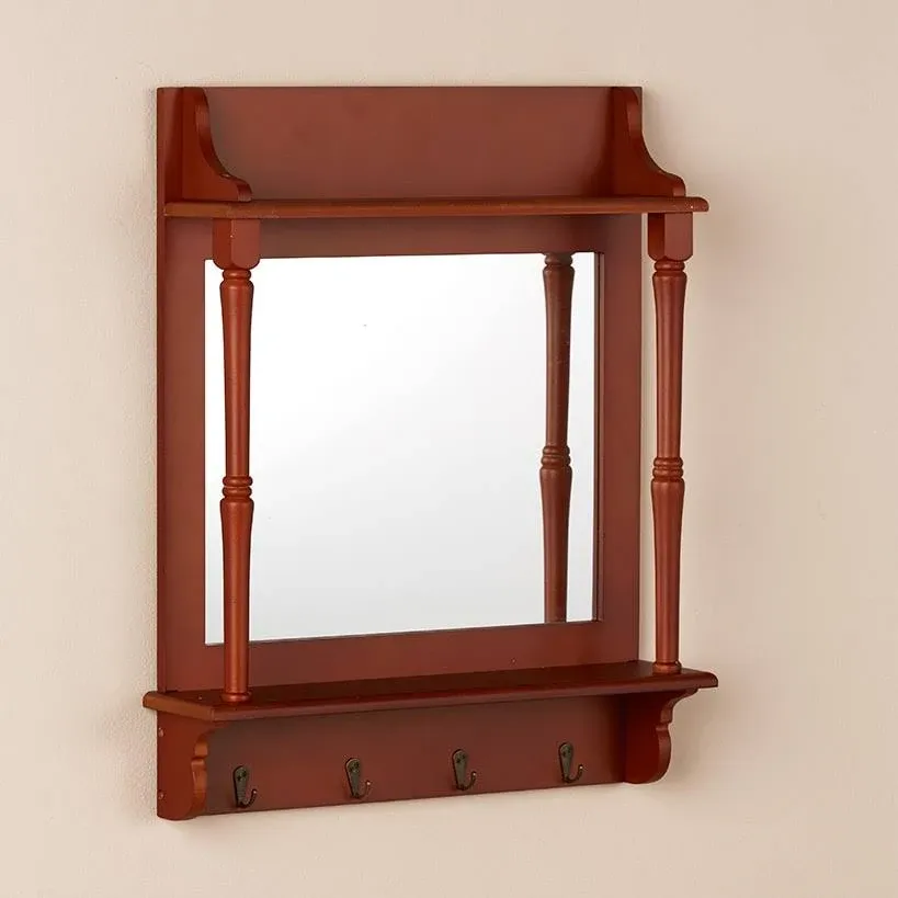 Farmhouse Wall Organizer Mirror with Hooks and 2 Shelves - Walnut