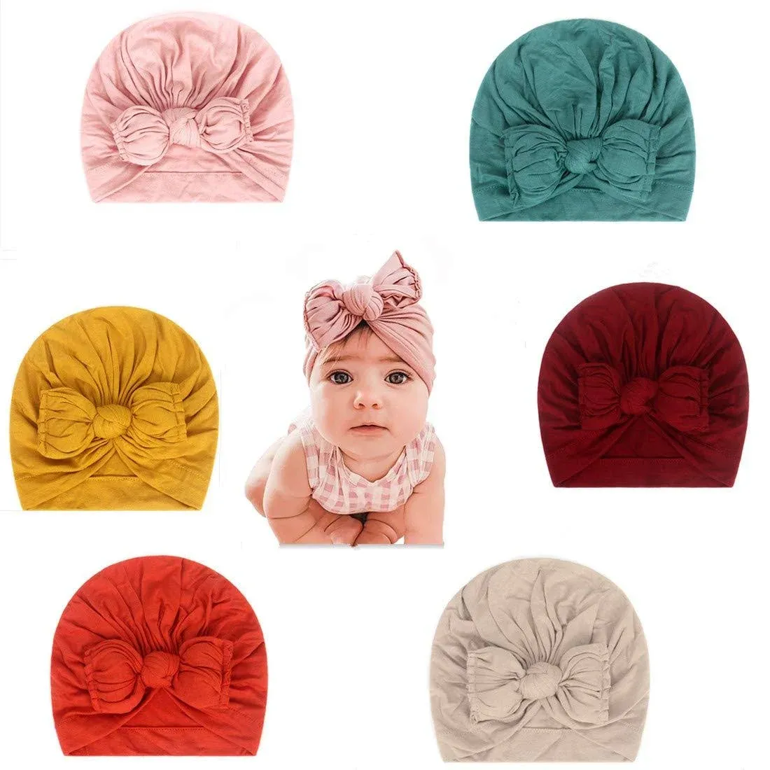 CANSHOW 6 Pcs Soft Cotton Baby Hats Caps Cute Sweet Cozy Baby Turban Bun Knot ...