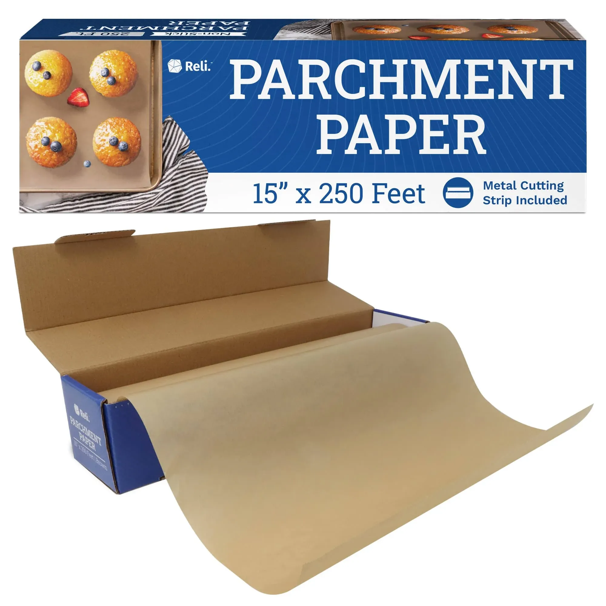 Reli. Parchment Paper Roll (15" x 250 ft) w/Dispenser Box, Brown | Unbleached Parchment Paper for Baking & Air Fryer | Food Grade Baking Paper Liners |Non-Stick, Cooking Paper for Grilling & Steaming